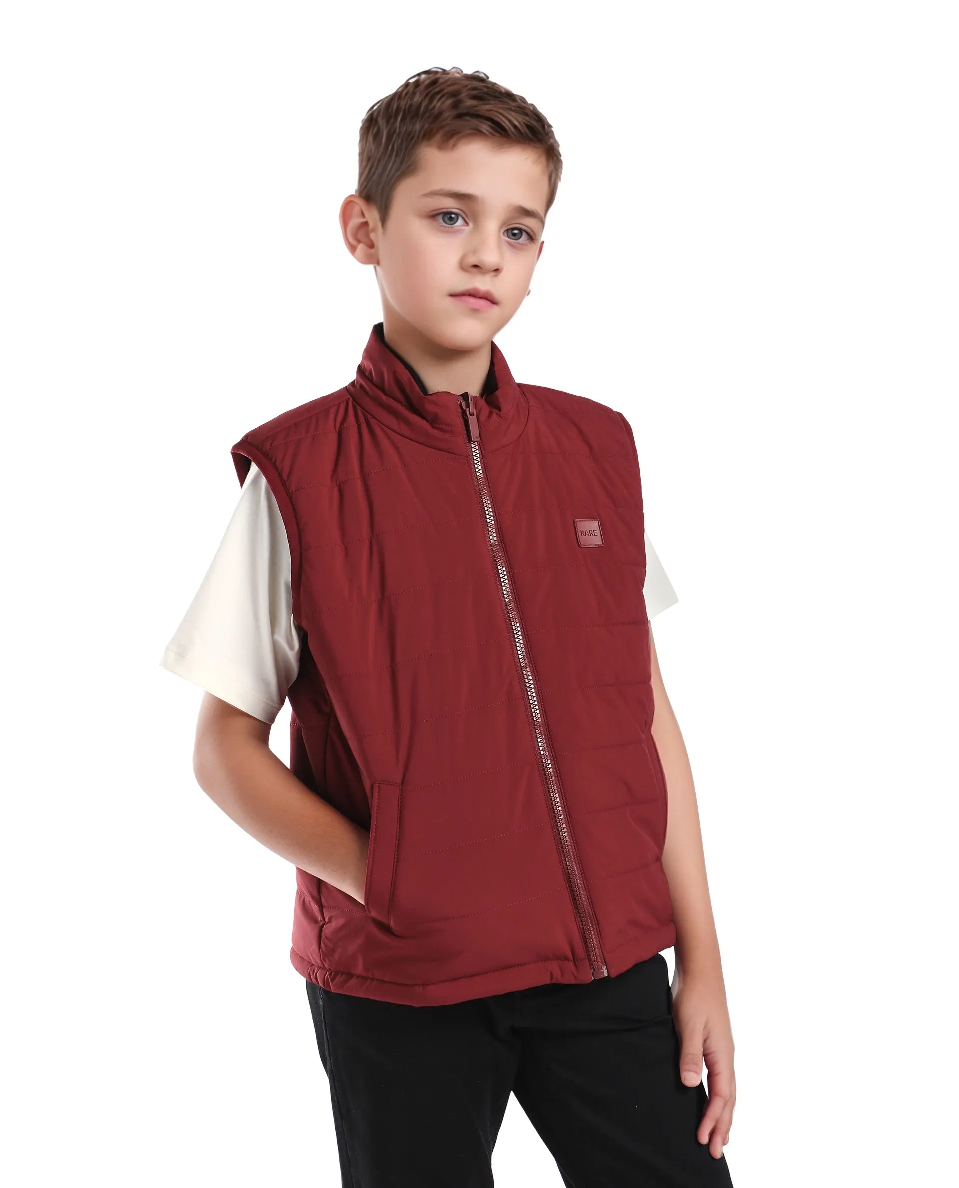 Rare Ones Kids Derry-K Red Polyester Zipper Closure High Neck Plain Sleeveless Regular Fit Jacket