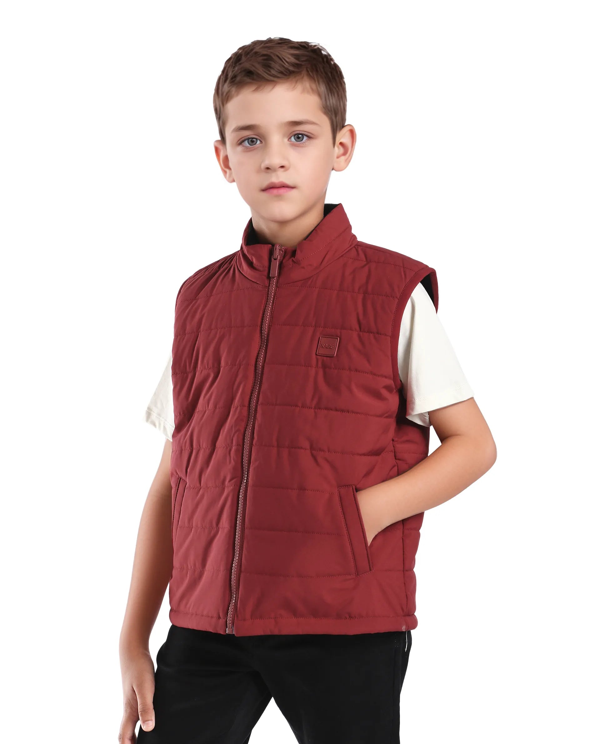Rare Ones Kids Derry-K Red Polyester Zipper Closure High Neck Plain Sleeveless Regular Fit Jacket