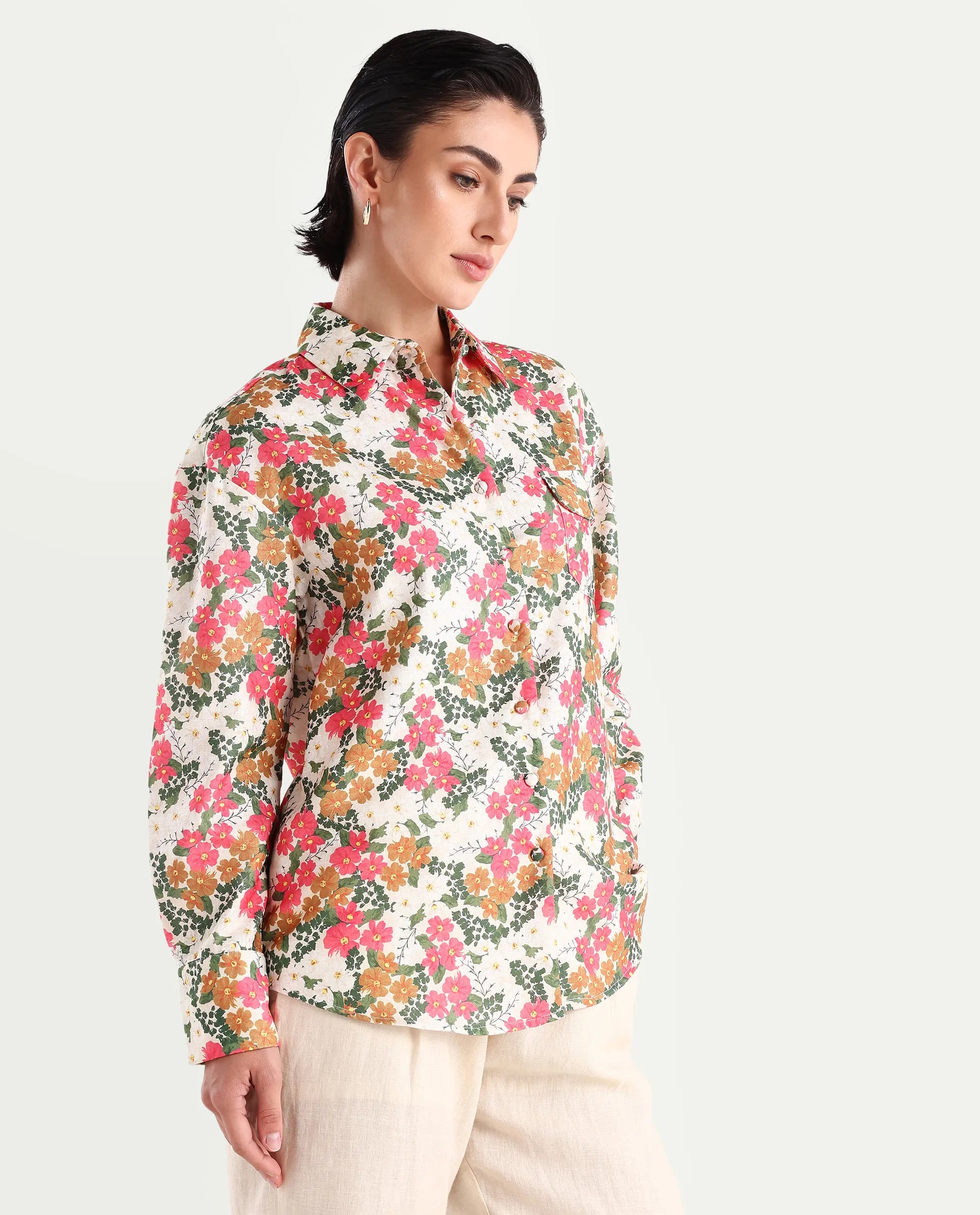 Rareism Women's Desantis Multi Polyester Spread Collar Floral Print Cuffed Sleeve Regular Fit Shirt