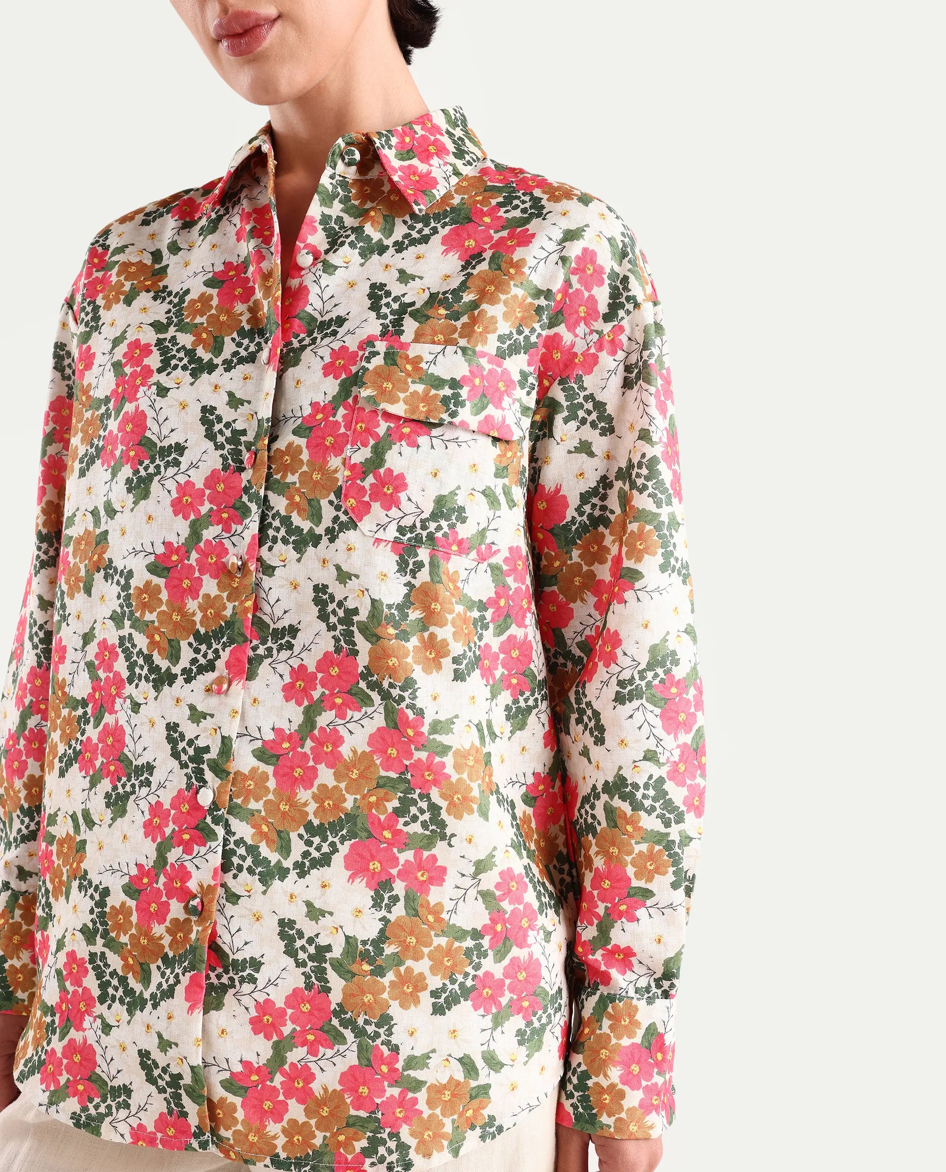 Rareism Women's Desantis Multi Polyester Spread Collar Floral Print Cuffed Sleeve Regular Fit Shirt