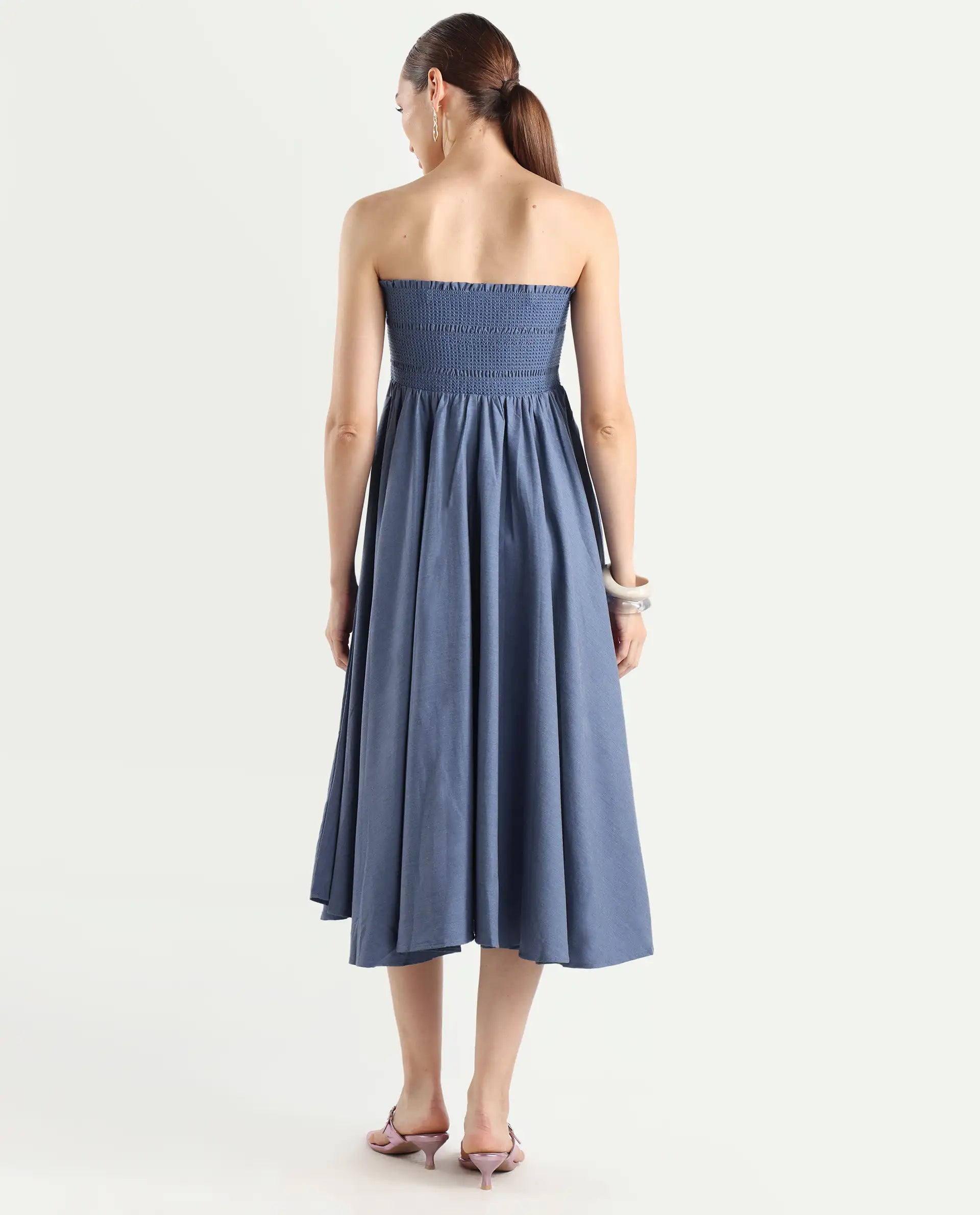 Rareism Women's Detreve Dark Blue Polyester Shoulder Strap Plain Sleeveless Midi Fit And Flare Dress