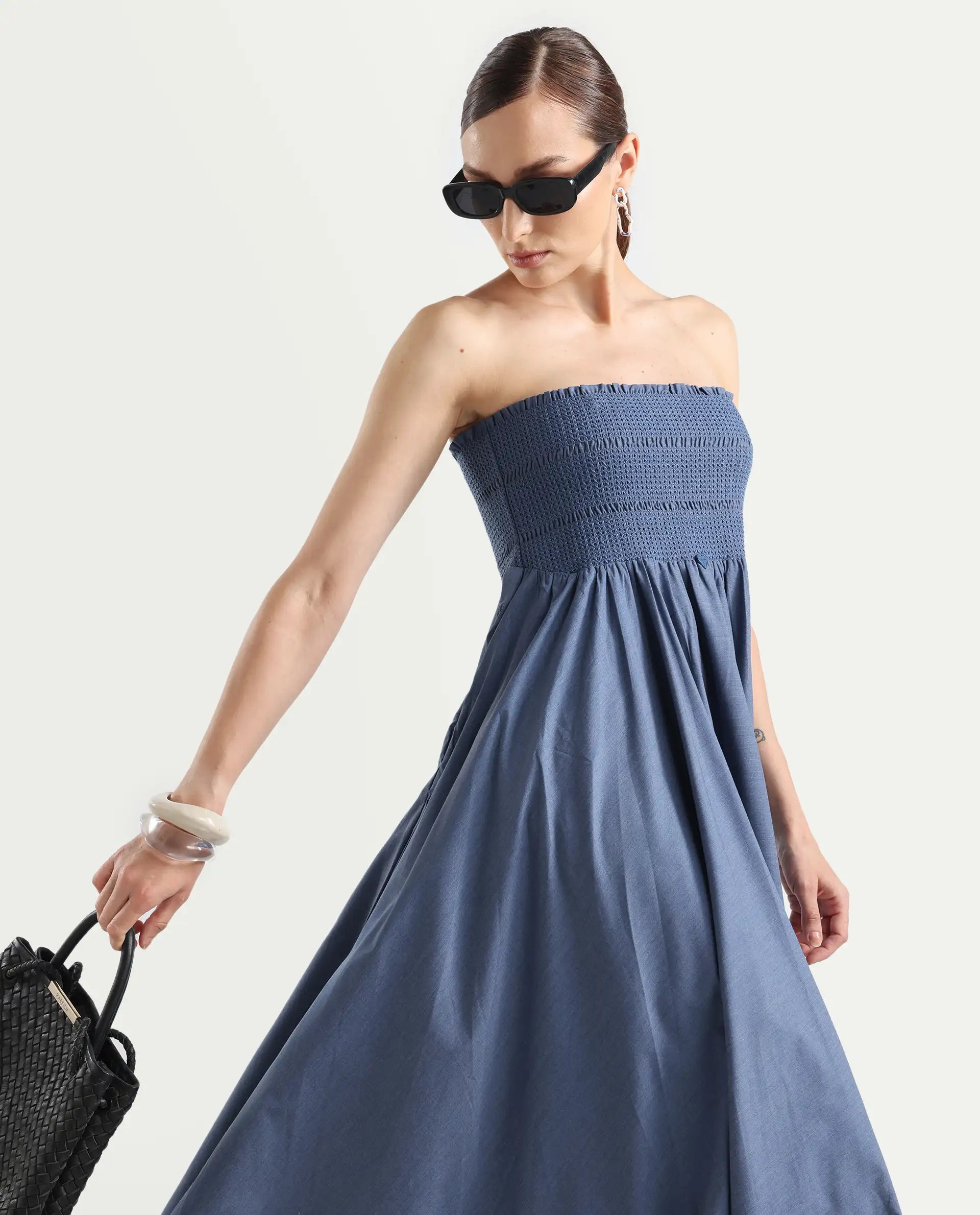 Rareism Women's Detreve Dark Blue Polyester Shoulder Strap Plain Sleeveless Midi Fit And Flare Dress