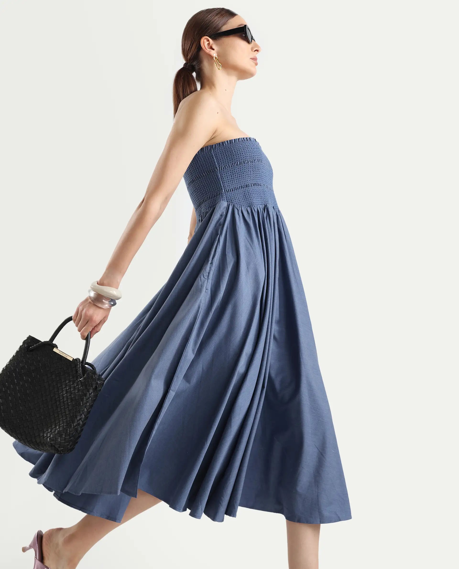 Rareism Women's Detreve Dark Blue Polyester Shoulder Strap Plain Sleeveless Midi Fit And Flare Dress