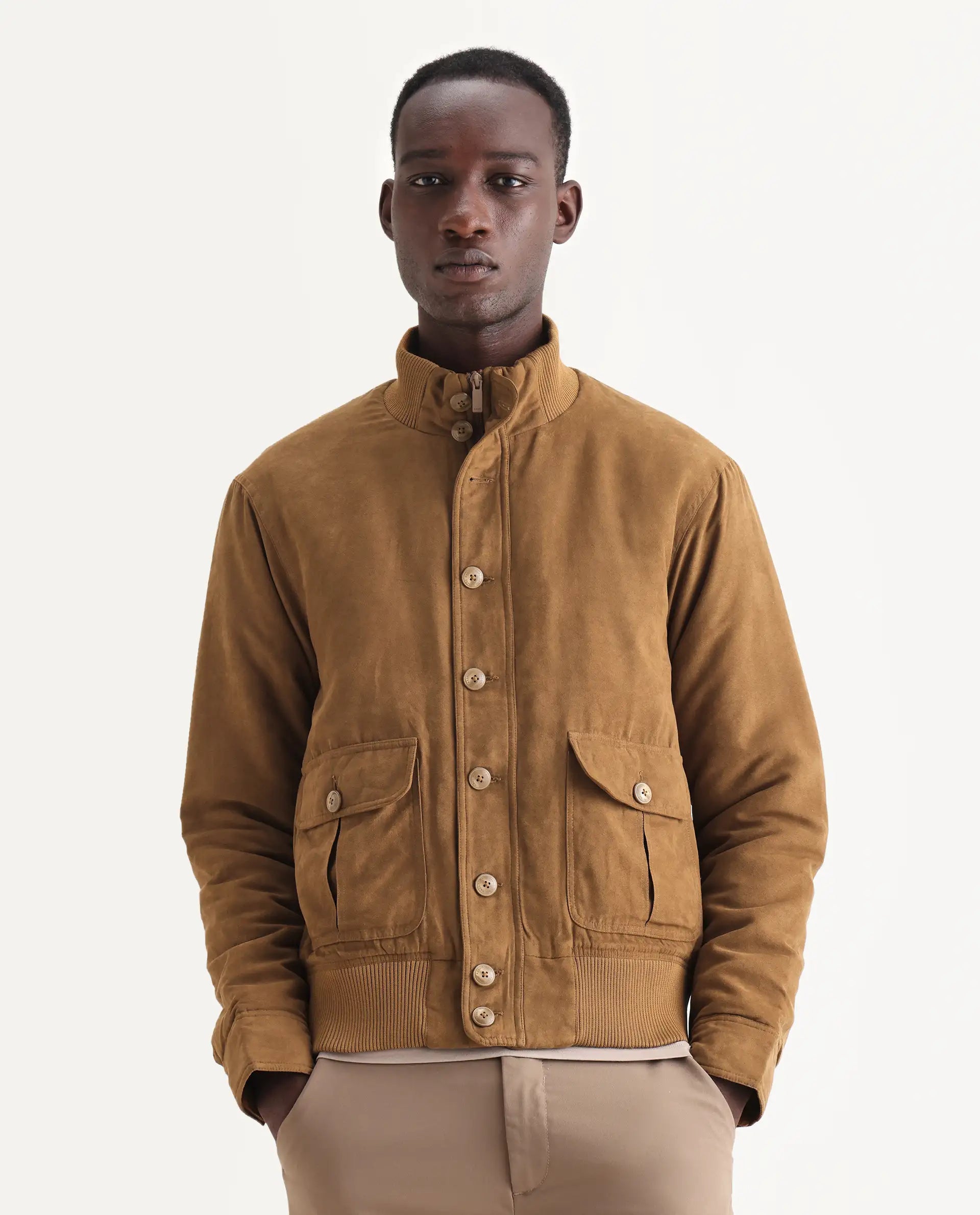 Rare Rabbit Men's Deue Brown Polyester Plain Regular Fit Full Sleeve Ribbed Collar Jacket