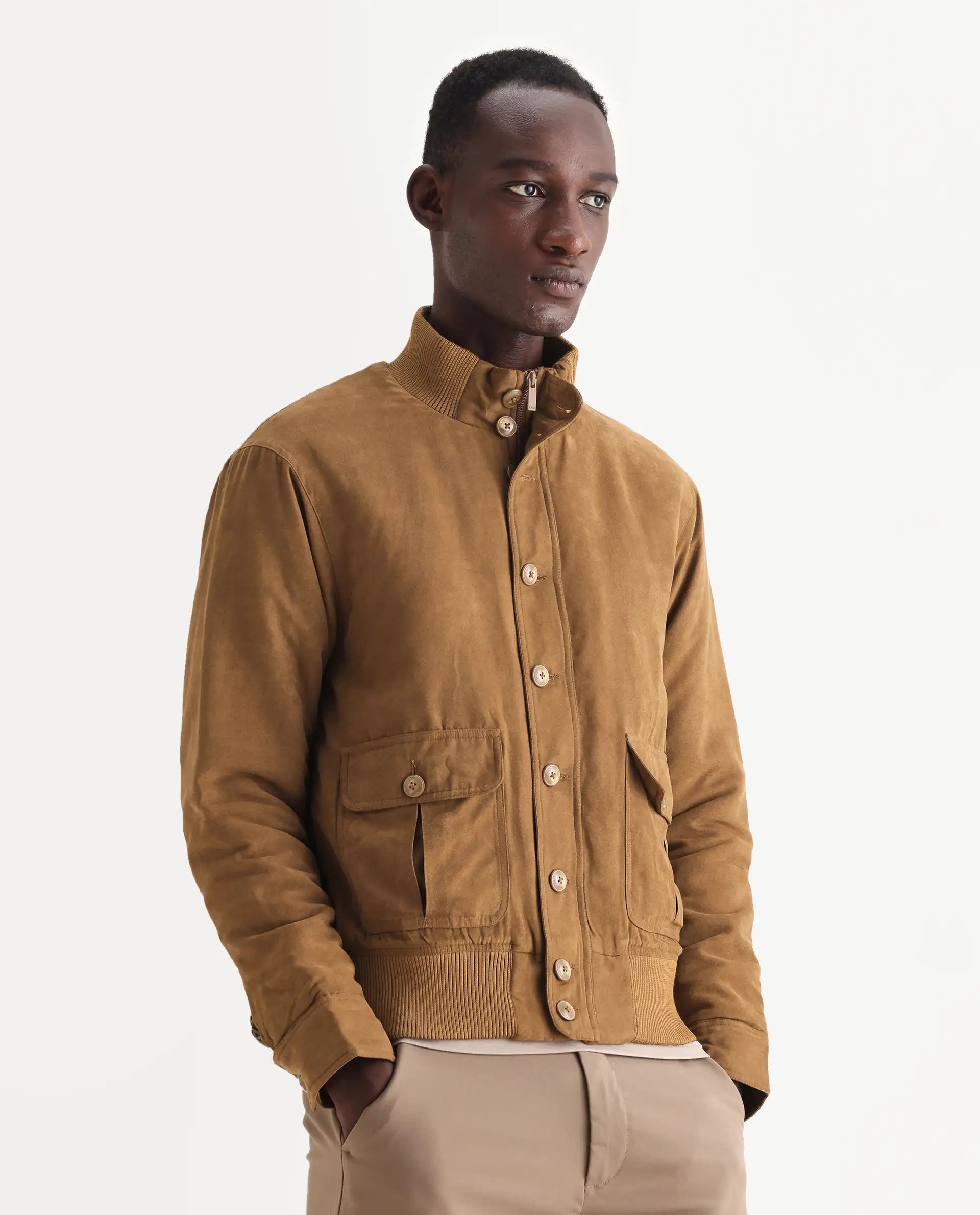 Rare Rabbit Men's Deue Brown Polyester Plain Regular Fit Full Sleeve Ribbed Collar Jacket