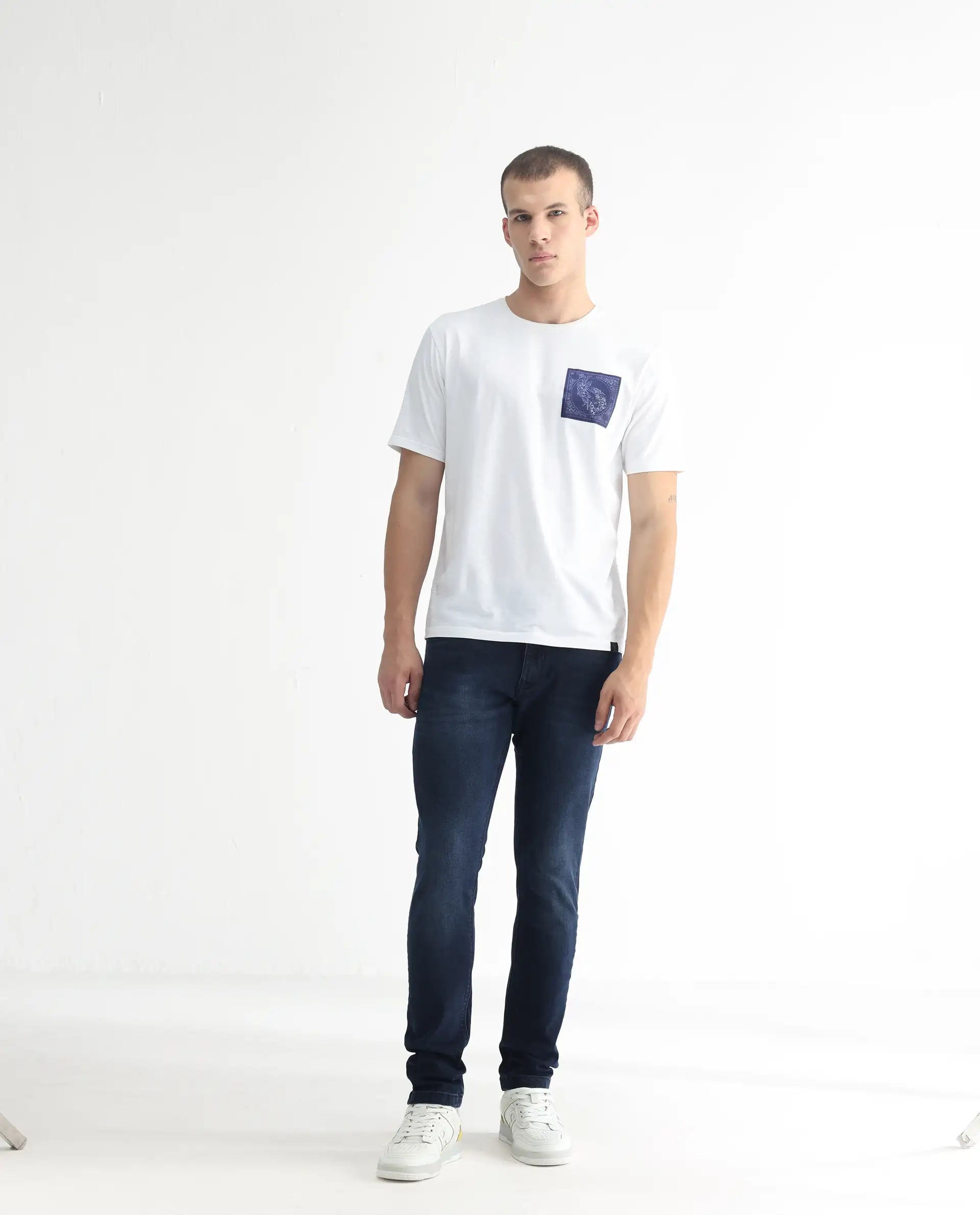 Rare Rabbit Men's Diep Flouroscent Blue Cotton Plain Hawk Slim Fit Jeans