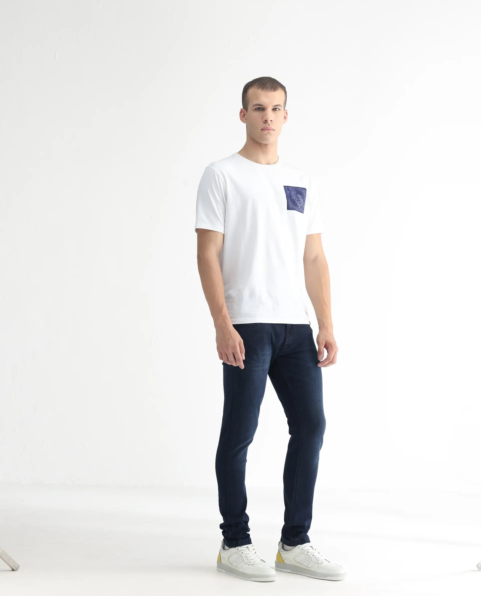 Rare Rabbit Men's Diep Flouroscent Blue Cotton Plain Hawk Slim Fit Jeans