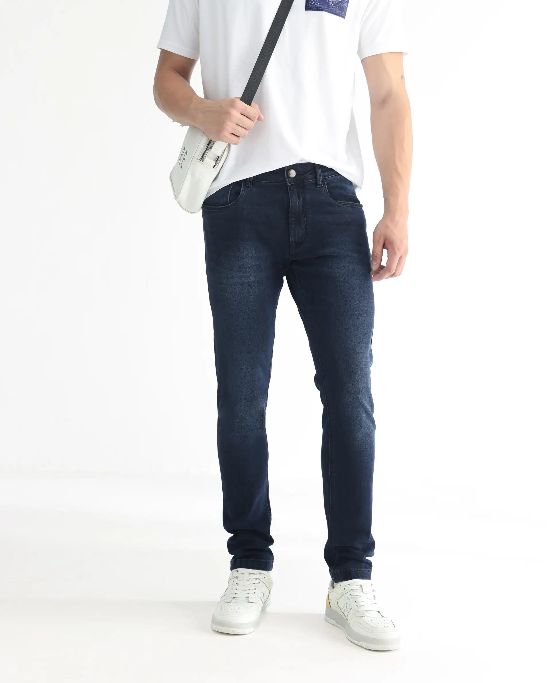 Rare Rabbit Men's Diep Flouroscent Blue Cotton Plain Hawk Slim Fit Jeans