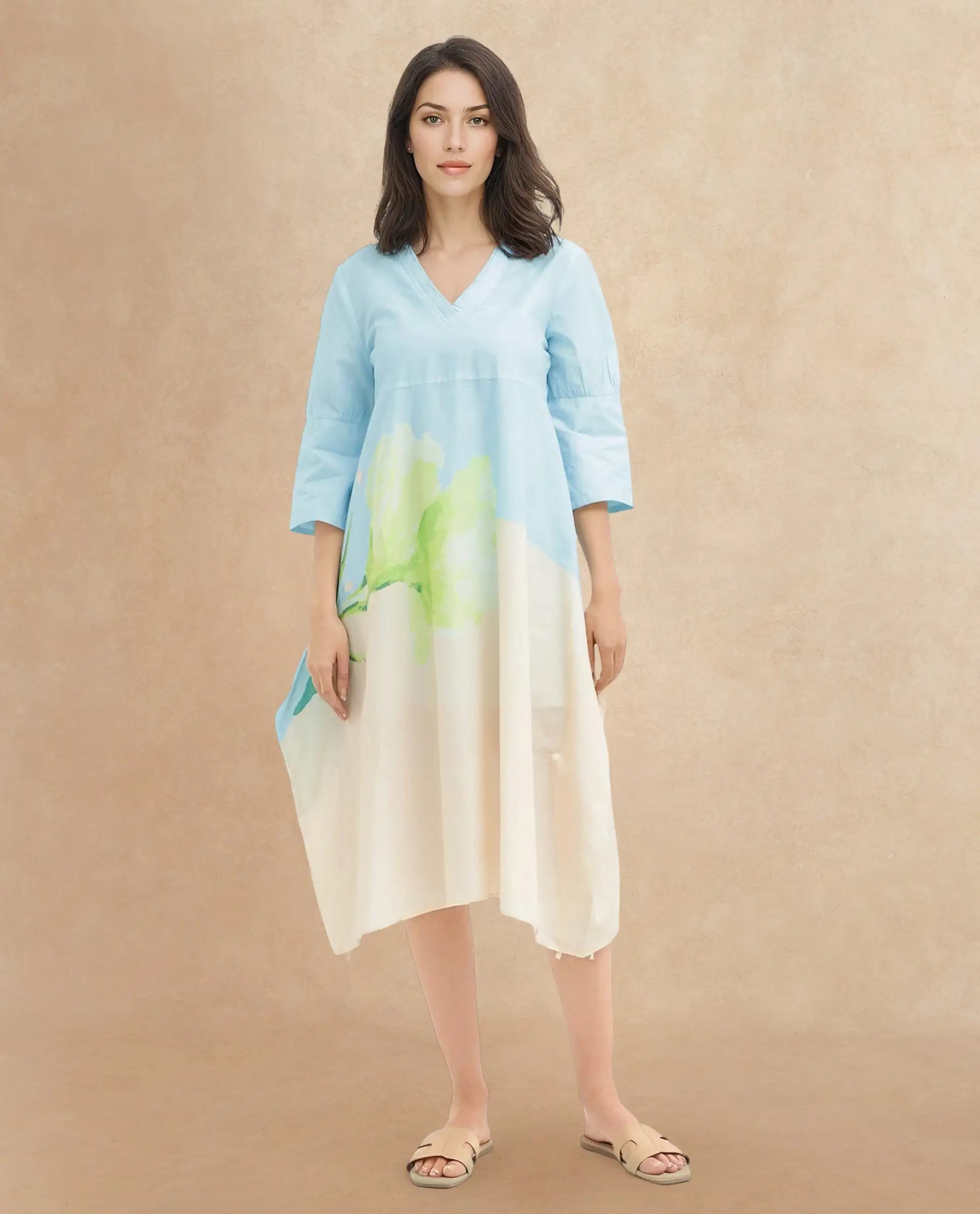 Rareism Women's Dinara Multi Cotton V-Neck Floral Print Midi A-Line Dress