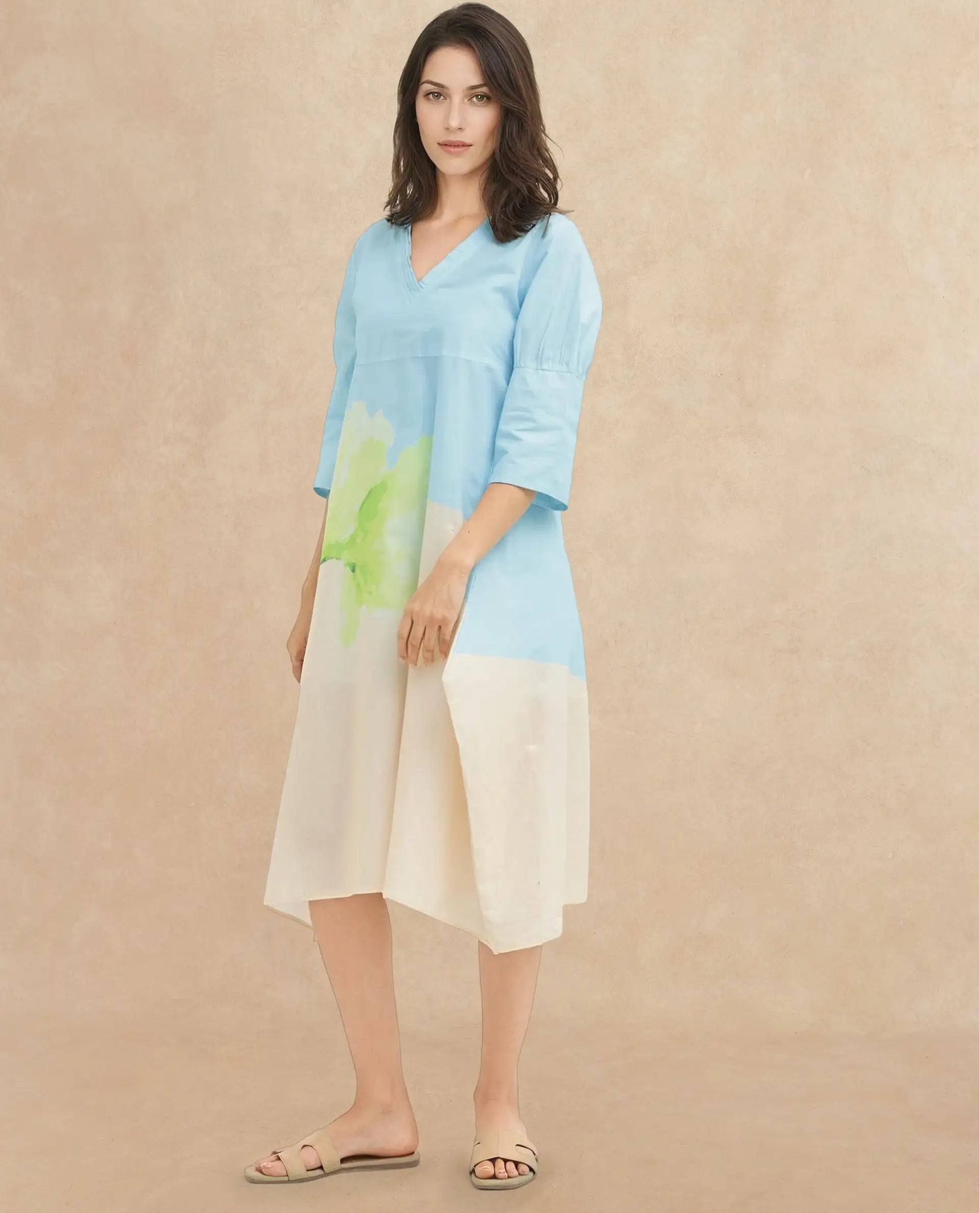 Rareism Women's Dinara Multi Cotton V-Neck Floral Print Midi A-Line Dress