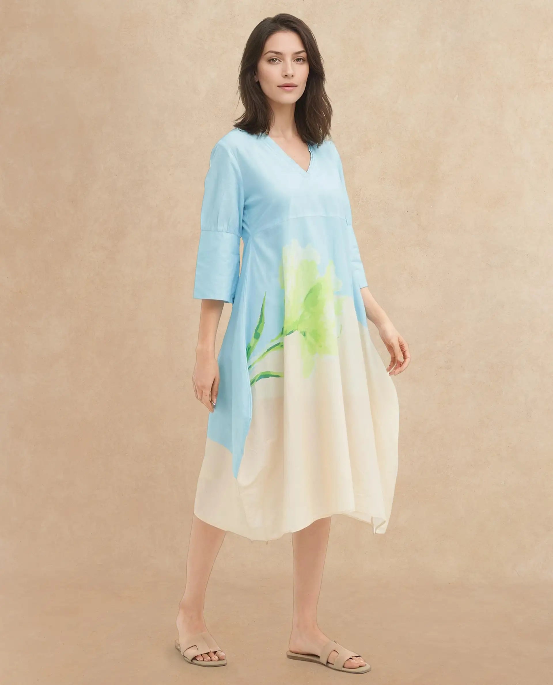 Rareism Women's Dinara Multi Cotton V-Neck Floral Print Midi A-Line Dress