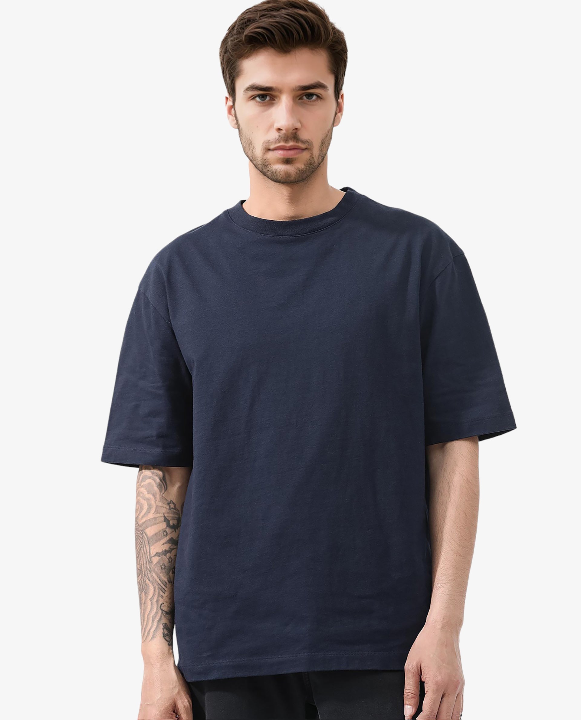 Rare Rabbit Articale Men's Dis Navy Cotton Polyester Fabric Crew Neck Oversized Fit Typography Print T-Shirt