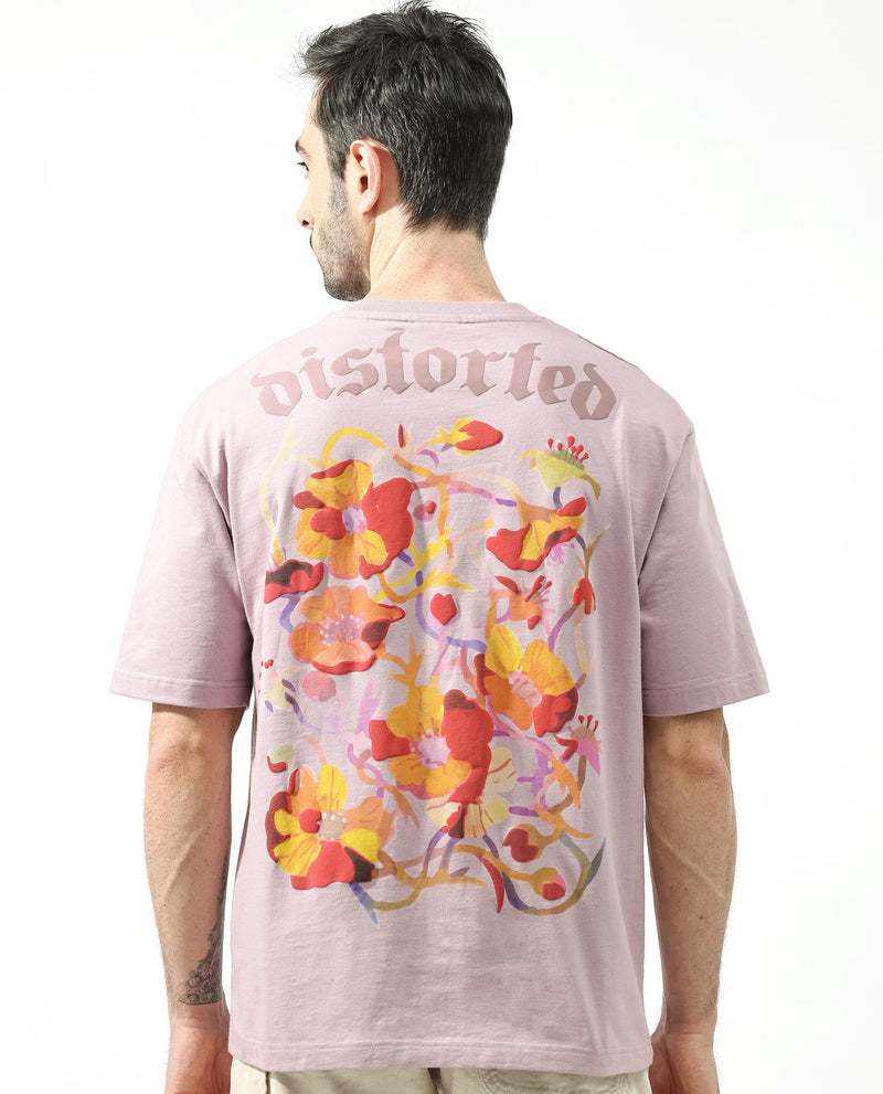 Rare Rabbit Articale Men's Dist Purple Crew Neck Short Sleeves Botanical Print Oversized T-Shirt