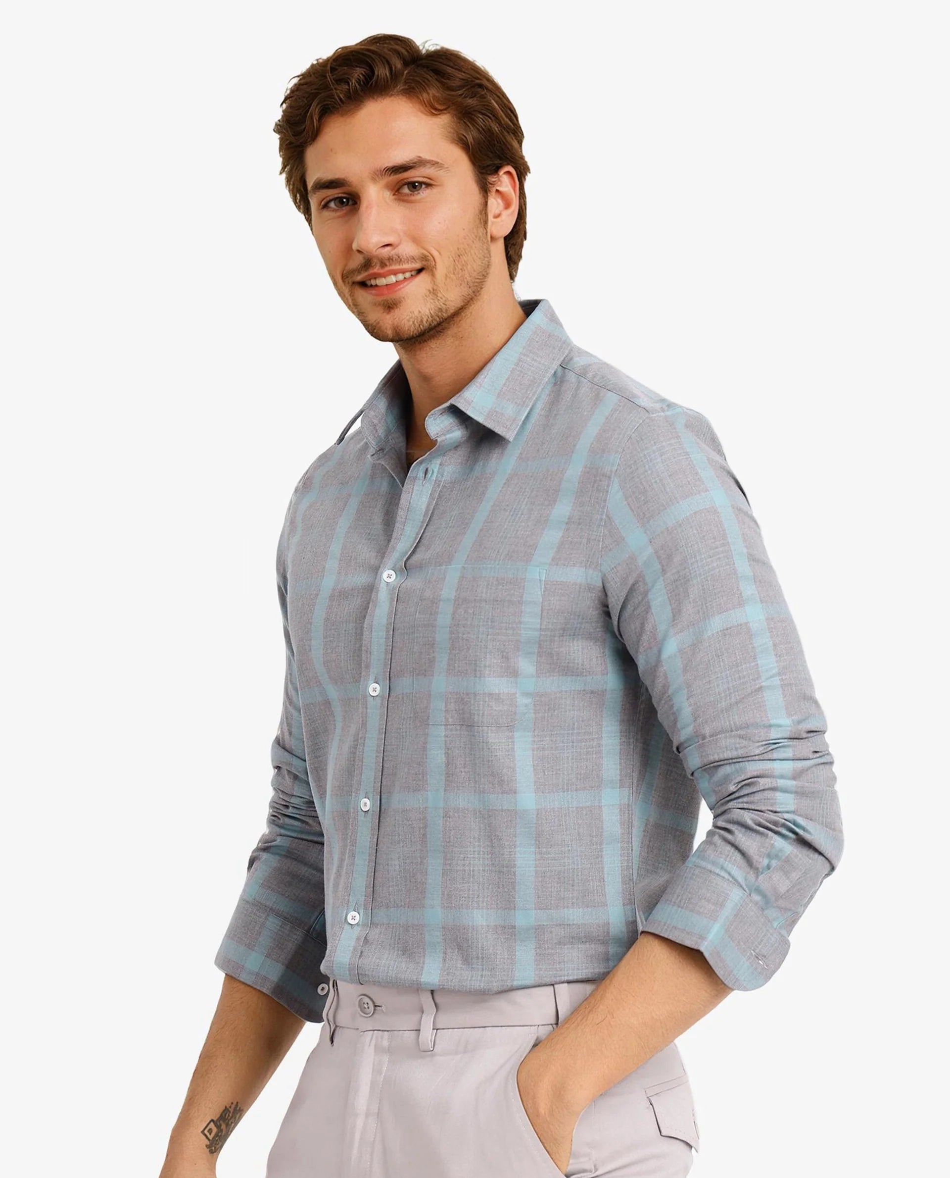 Rare Rabbit Men Dofy Grey Cotton Fabric Full Sleeve Regular Fit Checks Shirt