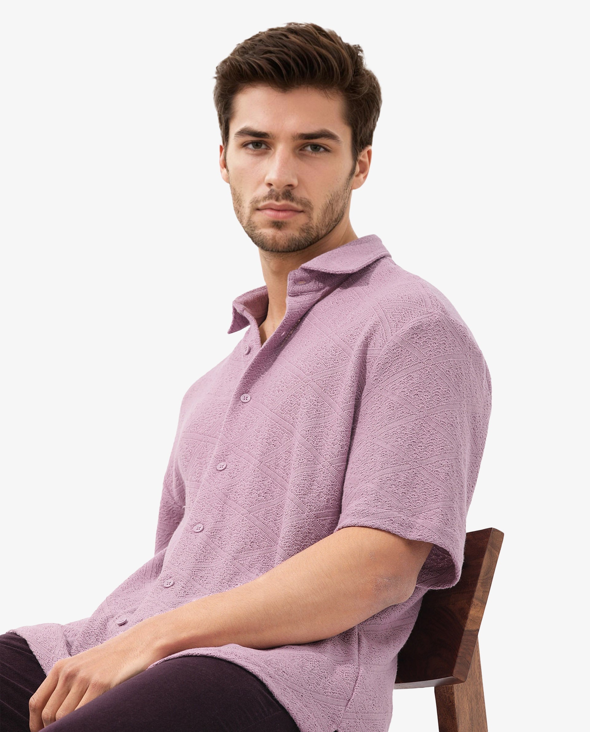 Rare Rabbit Men's Domat Dusky Purple Cotton Fabric Half Sleeve Boxy Fit Jacquard Textured Shirt