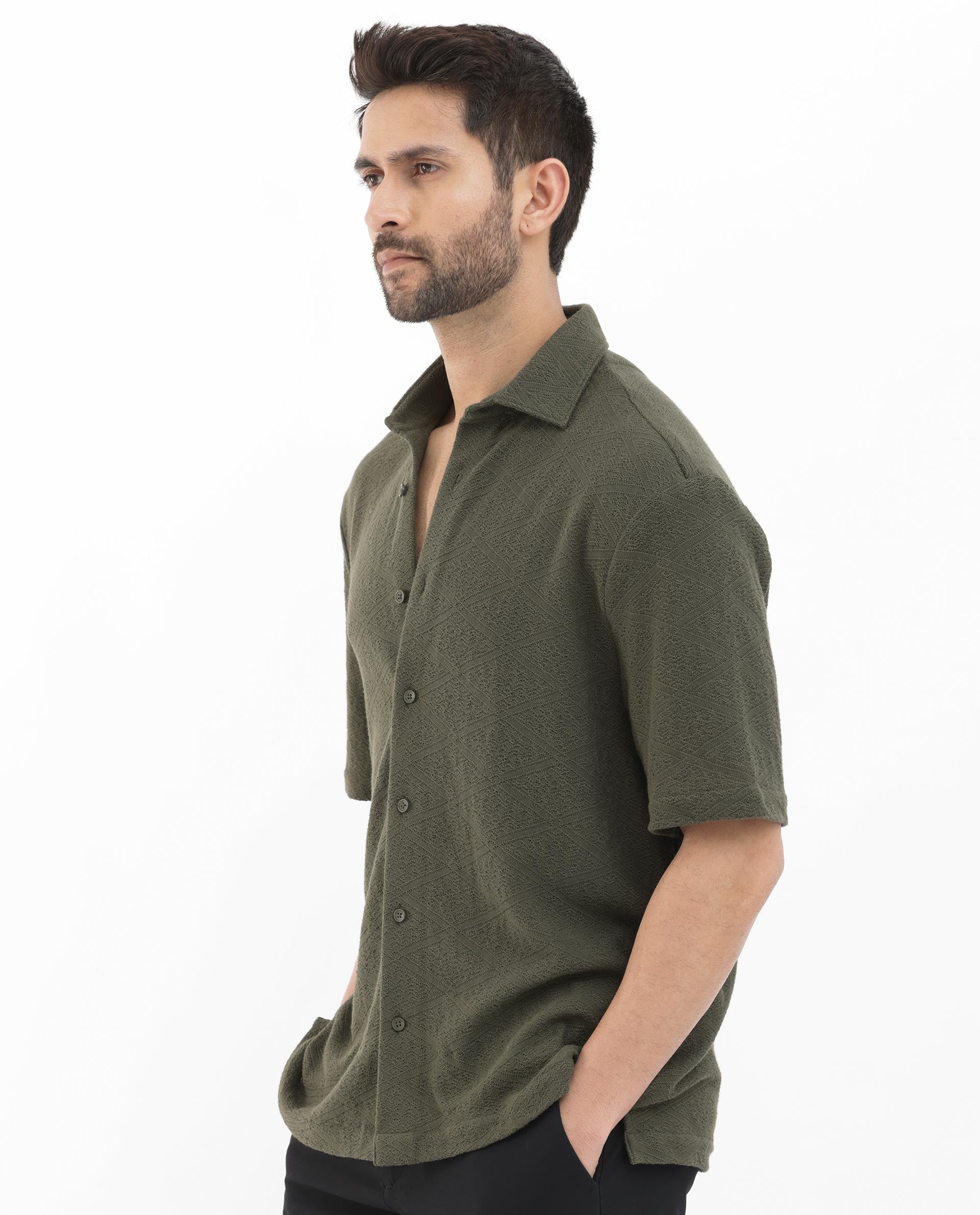 Rare Rabbit Men's Domat Olive Cotton Fabric Half Sleeve Boxy Fit Jacquard Textured Shirt