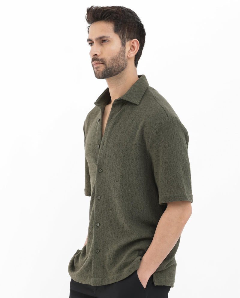 Rare Rabbit Men's Domat Olive Half Sleeve Jacquard Shirt