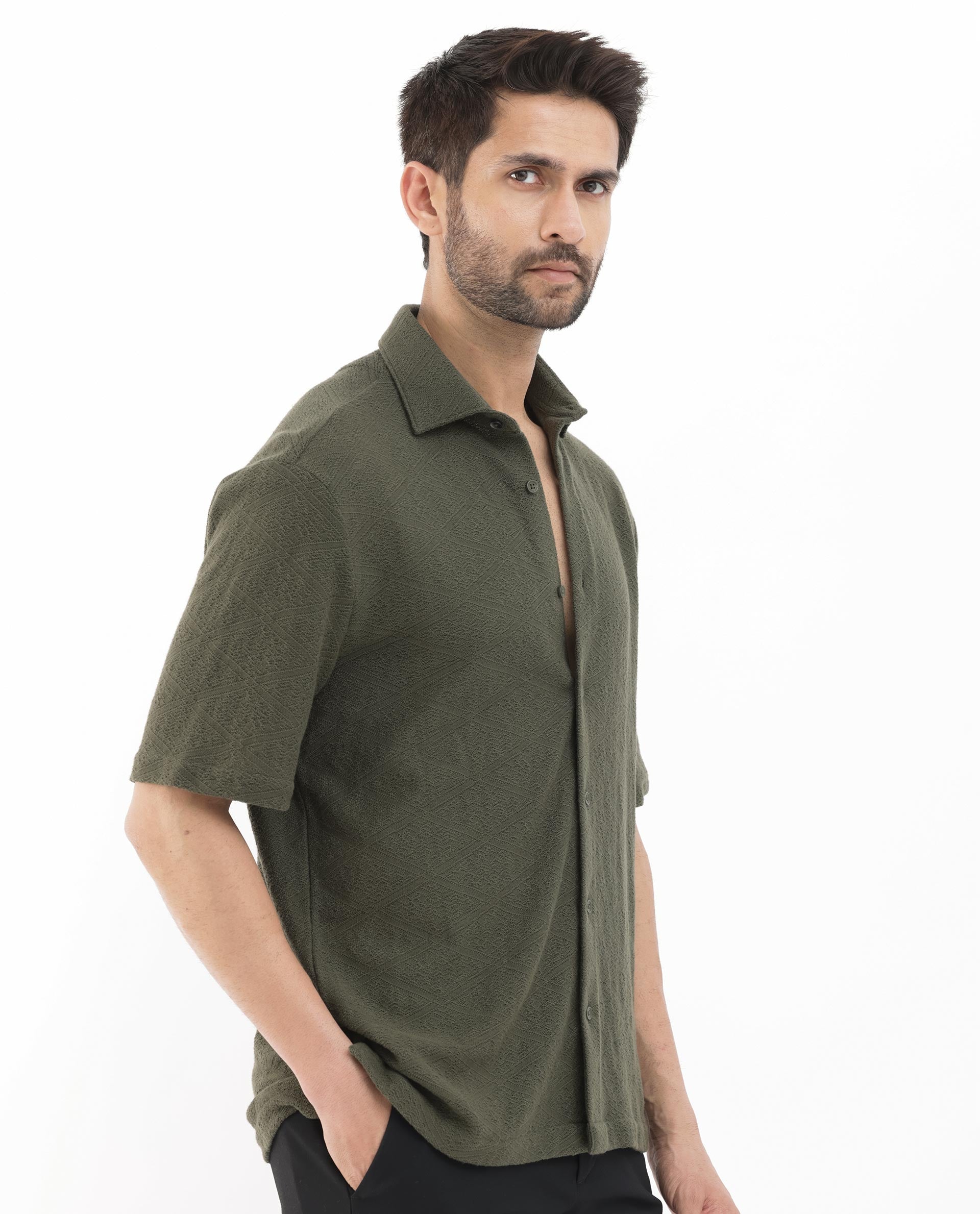 Rare Rabbit Men's Domat Olive Cotton Fabric Half Sleeve Boxy Fit Jacquard Textured Shirt