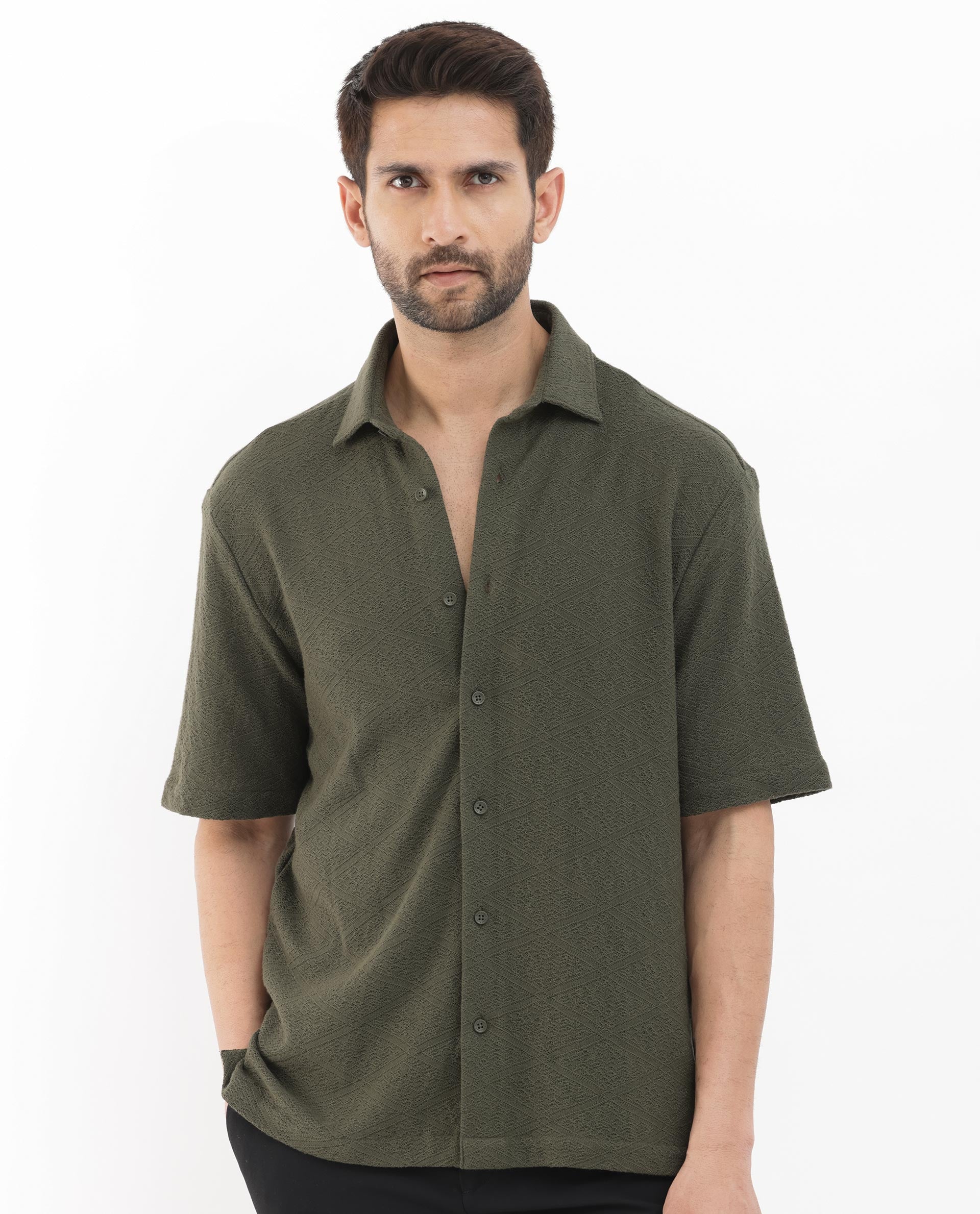 Rare Rabbit Men's Domat Olive Cotton Fabric Half Sleeve Boxy Fit Jacquard Textured Shirt