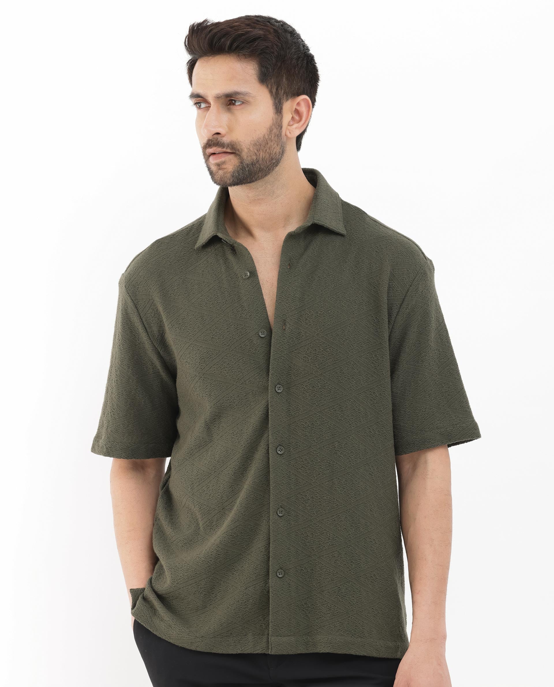 Rare Rabbit Men's Domat Olive Cotton Fabric Half Sleeve Boxy Fit Jacquard Textured Shirt