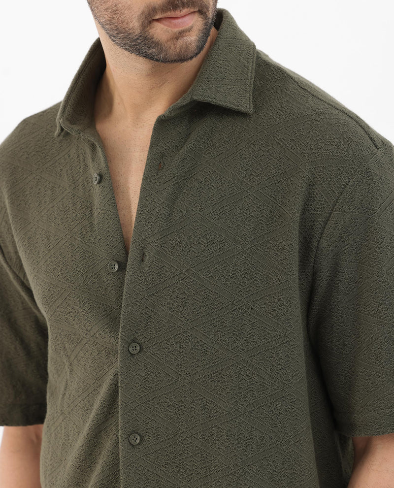 Rare Rabbit Men's Domat Olive Half Sleeve Jacquard Shirt