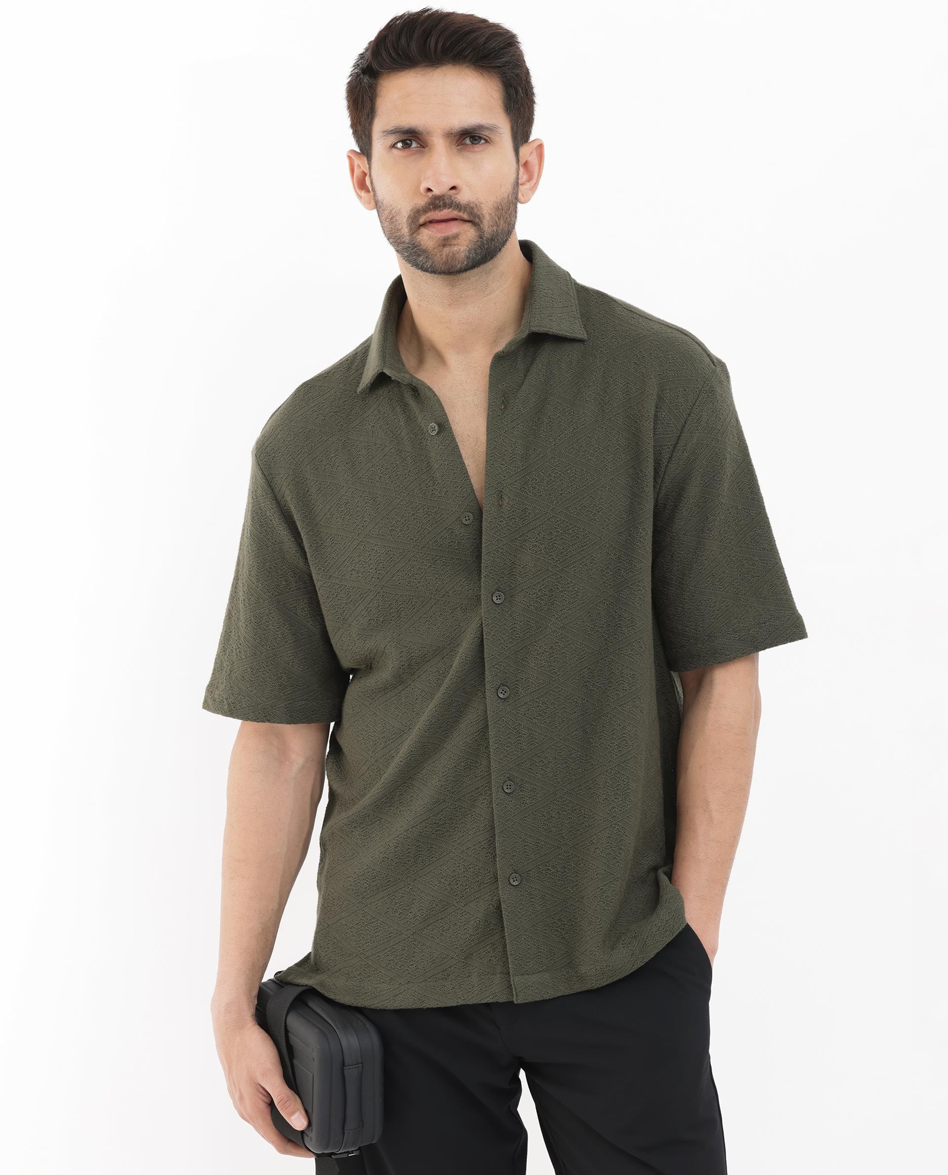 Rare Rabbit Men's Domat Olive Cotton Fabric Half Sleeve Boxy Fit Jacquard Textured Shirt