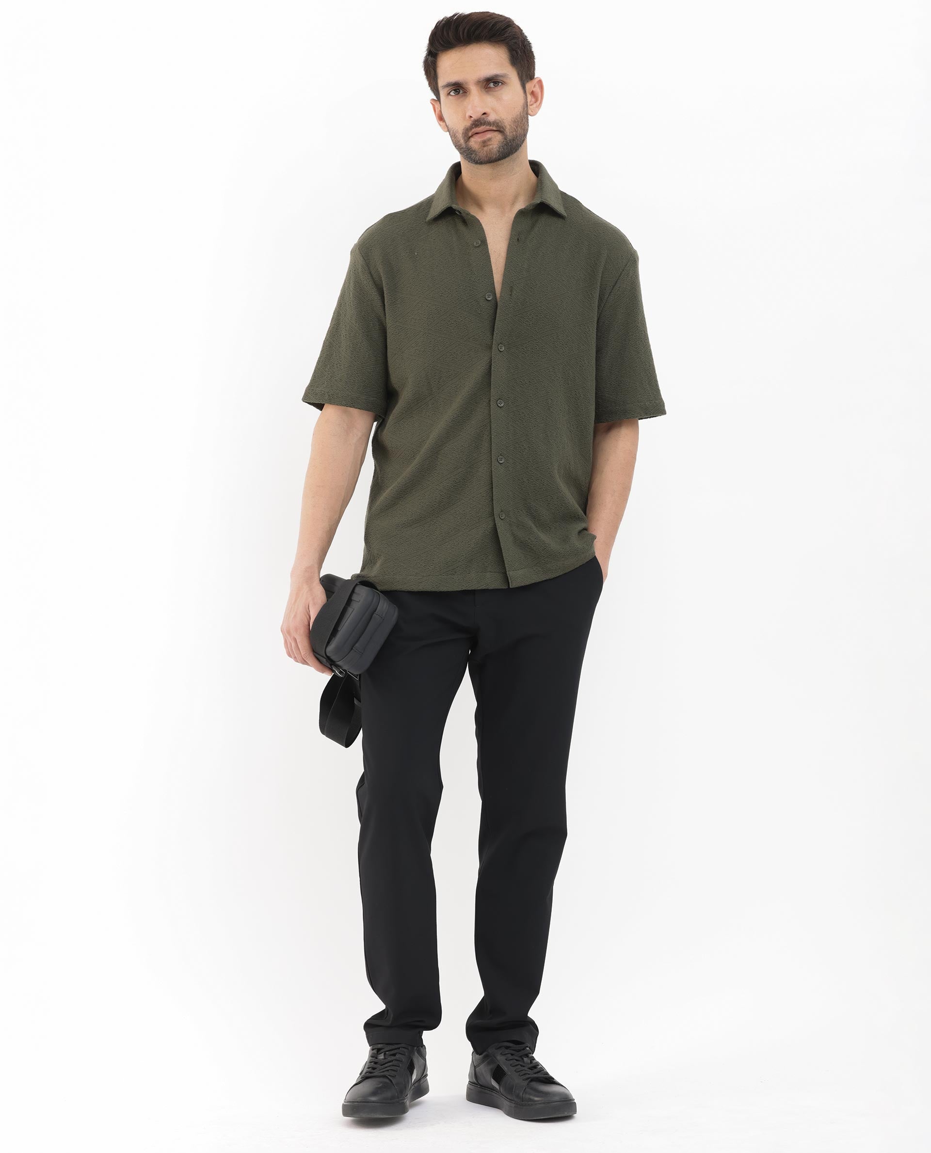 Rare Rabbit Men's Domat Olive Cotton Fabric Half Sleeve Boxy Fit Jacquard Textured Shirt