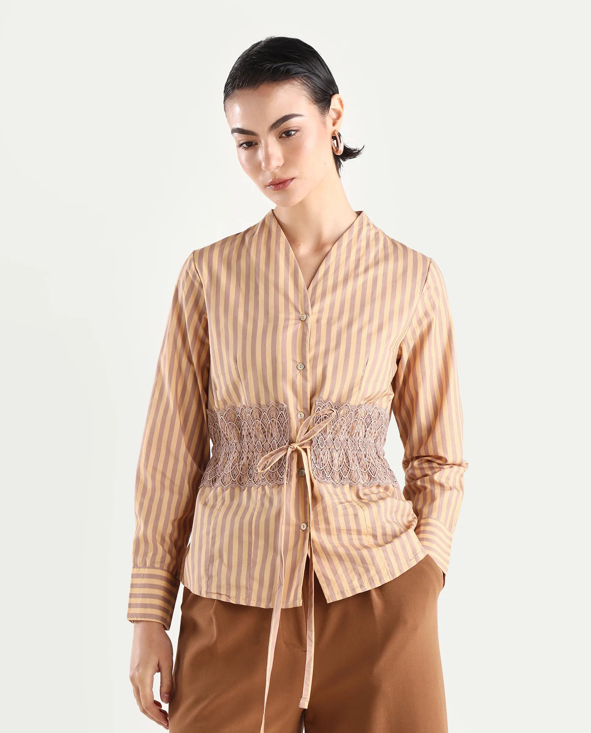 Rareism Women's Dooze Tan Cotton V-Neck Striped Cuffed Sleeve Regular Fit Top