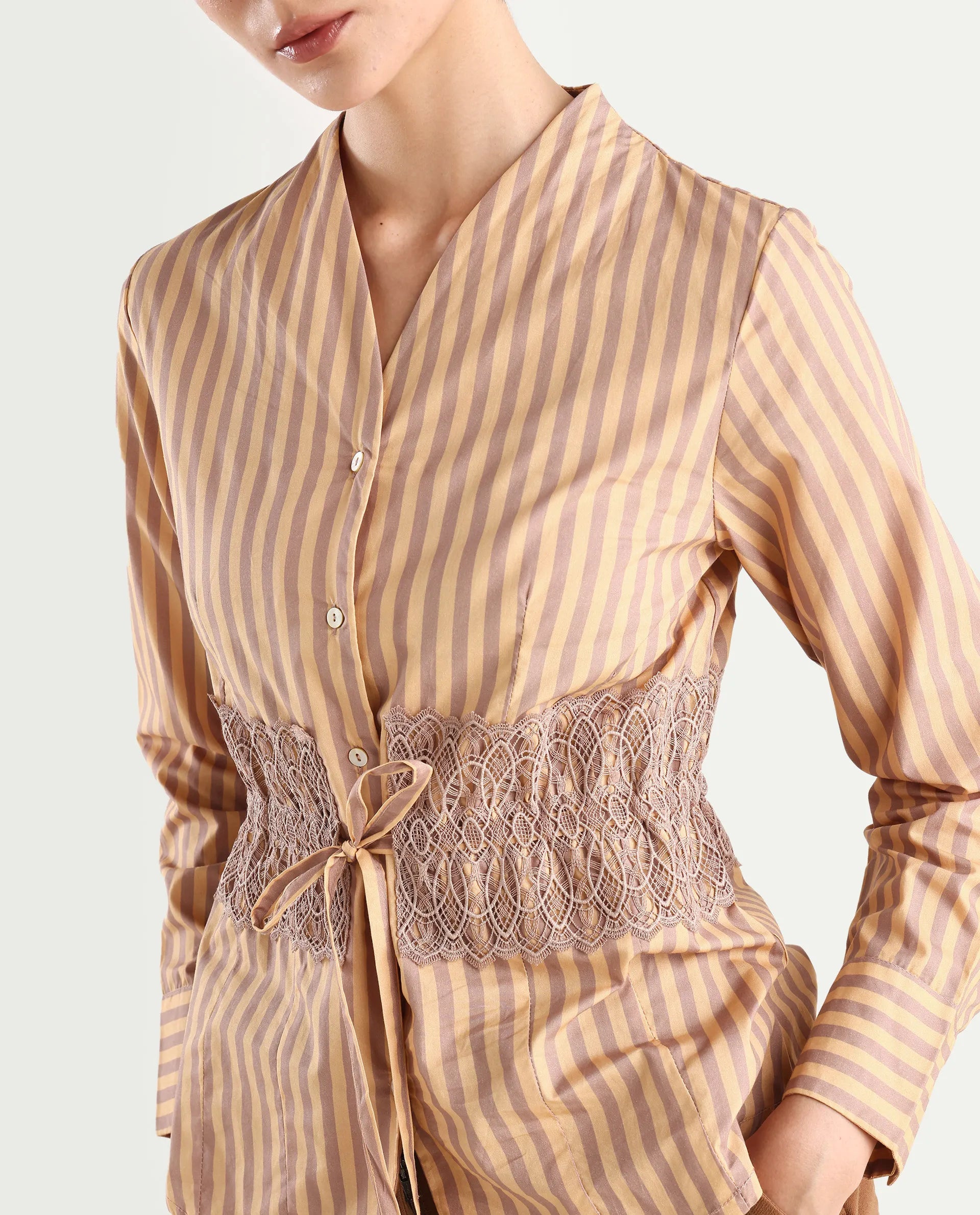 Rareism Women's Dooze Tan Cotton V-Neck Striped Cuffed Sleeve Regular Fit Top