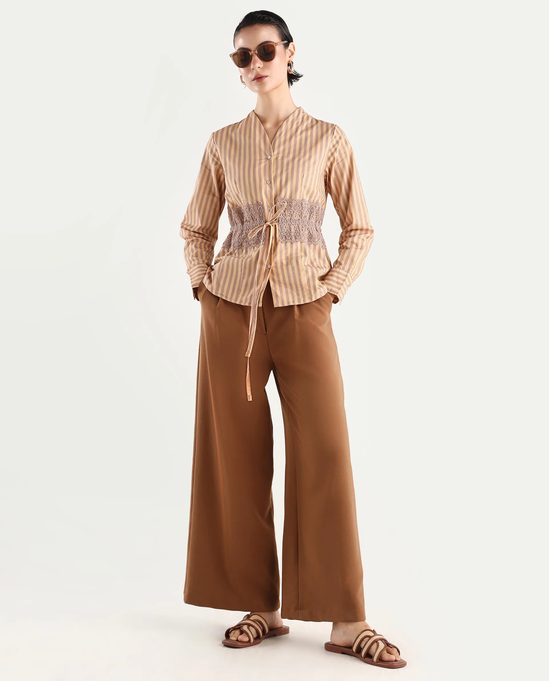 Rareism Women's Dooze Tan Cotton V-Neck Striped Cuffed Sleeve Regular Fit Top