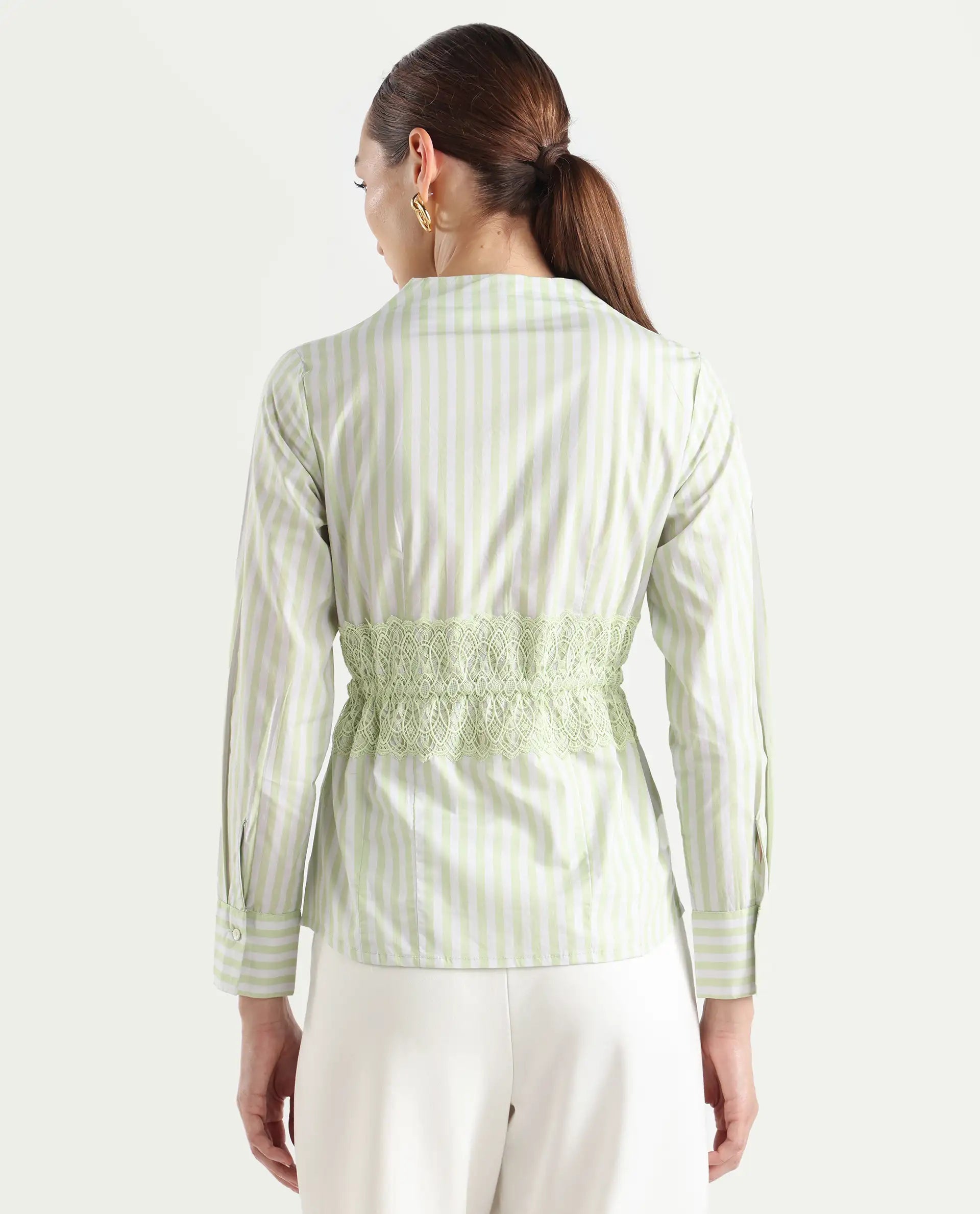 Rareism Women's Dooze Light Green Cotton V-Neck Striped Cuffed Sleeve Regular Fit Top