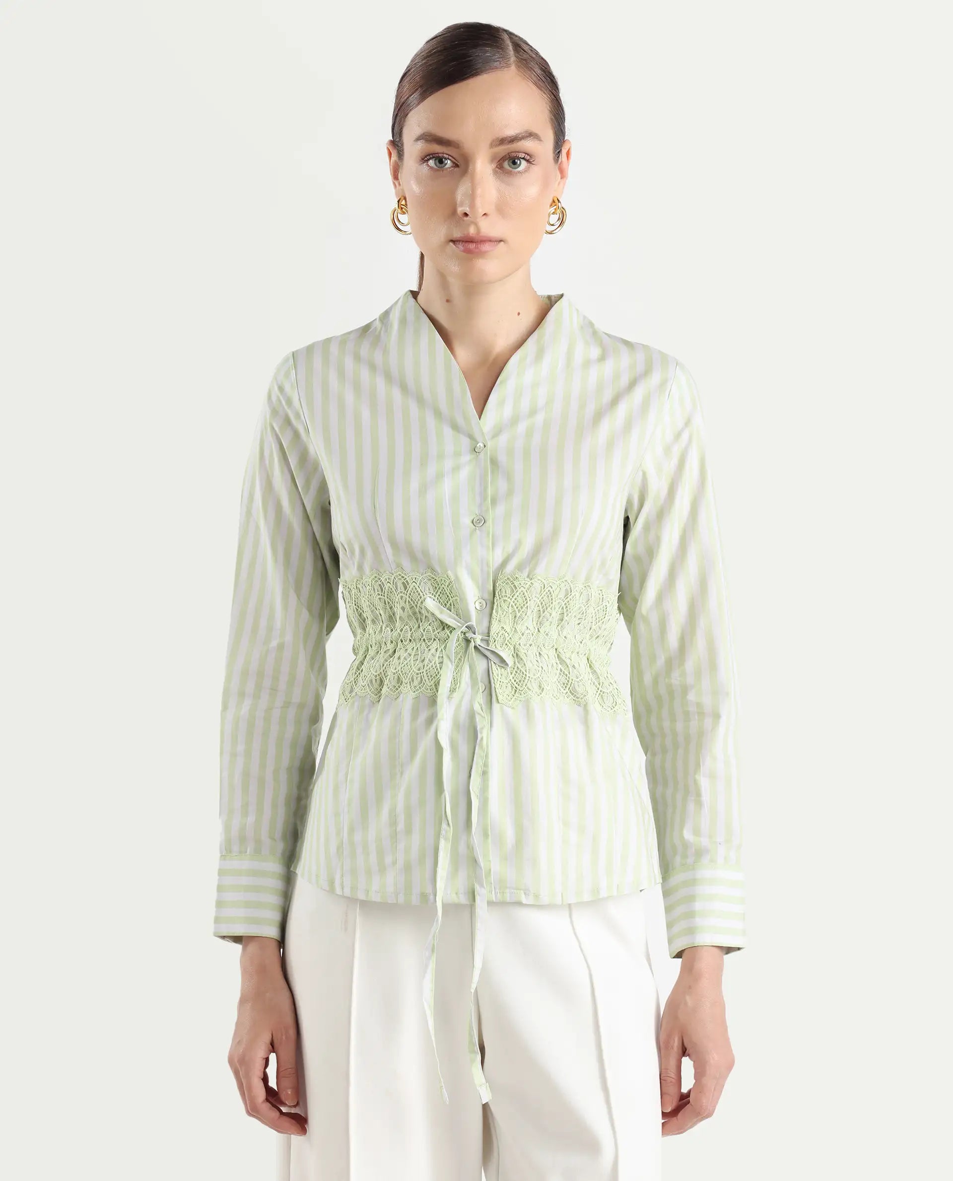 Rareism Women's Dooze Light Green Cotton V-Neck Striped Cuffed Sleeve Regular Fit Top