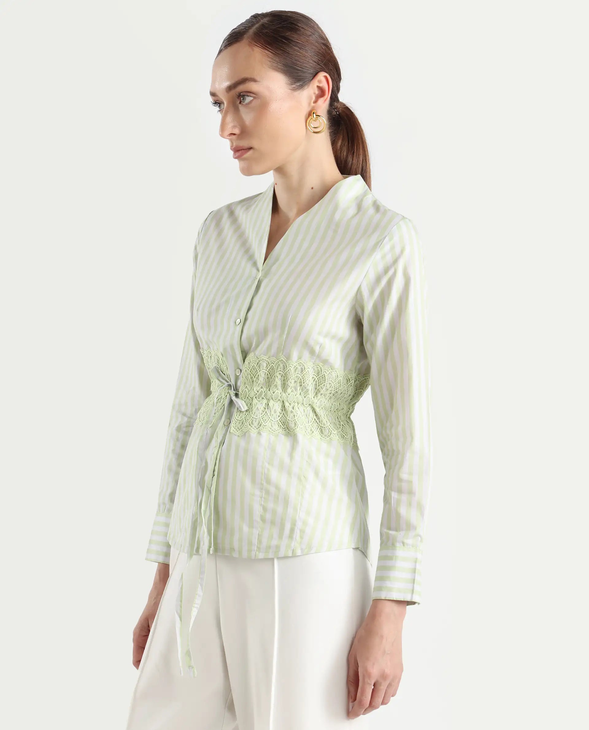 Rareism Women's Dooze Light Green Cotton V-Neck Striped Cuffed Sleeve Regular Fit Top