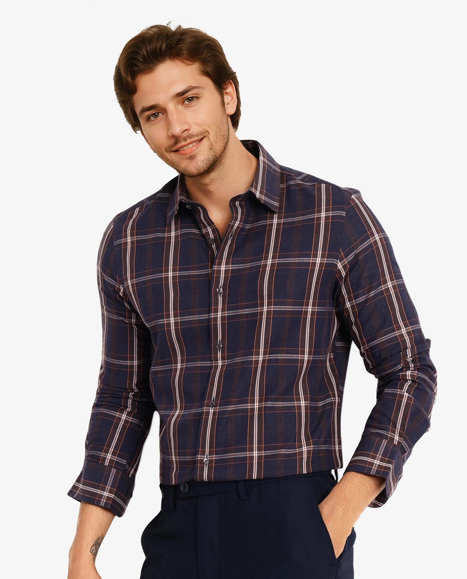 Rare Rabbit Men Dor Navy Full Sleeve Regular Collar Regular Fit Tattersall Checked Shirt