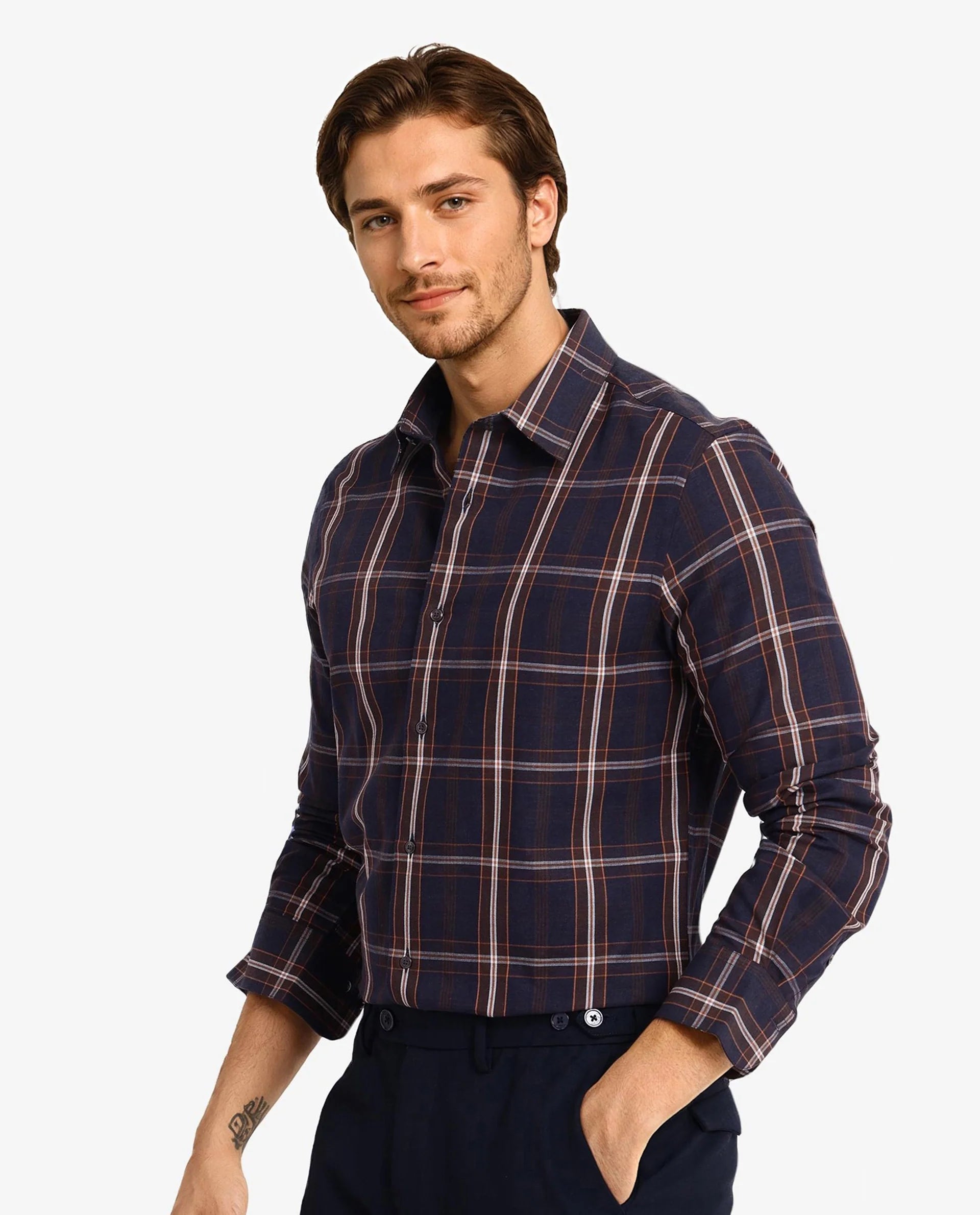 Rare Rabbit Men Dor Navy Full Sleeve Regular Collar Regular Fit Tattersall Checked Shirt