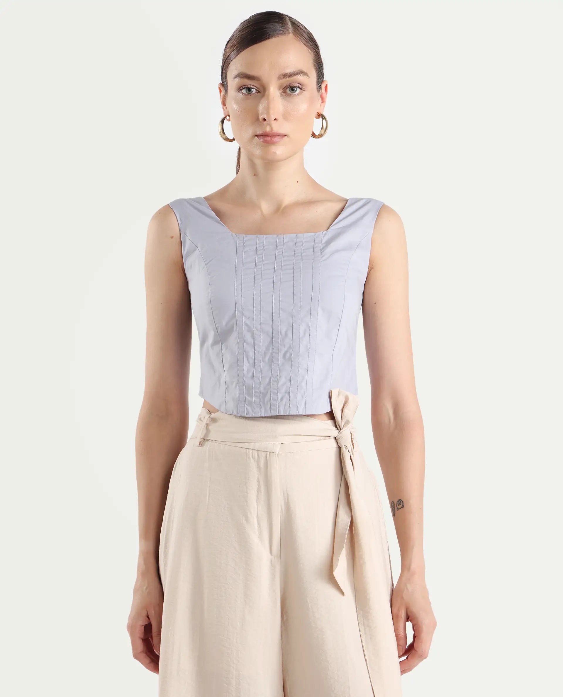 Rareism Women's Dordo Light Blue Cotton Square Neck Dyed Sleeveless Crop Fitted Top