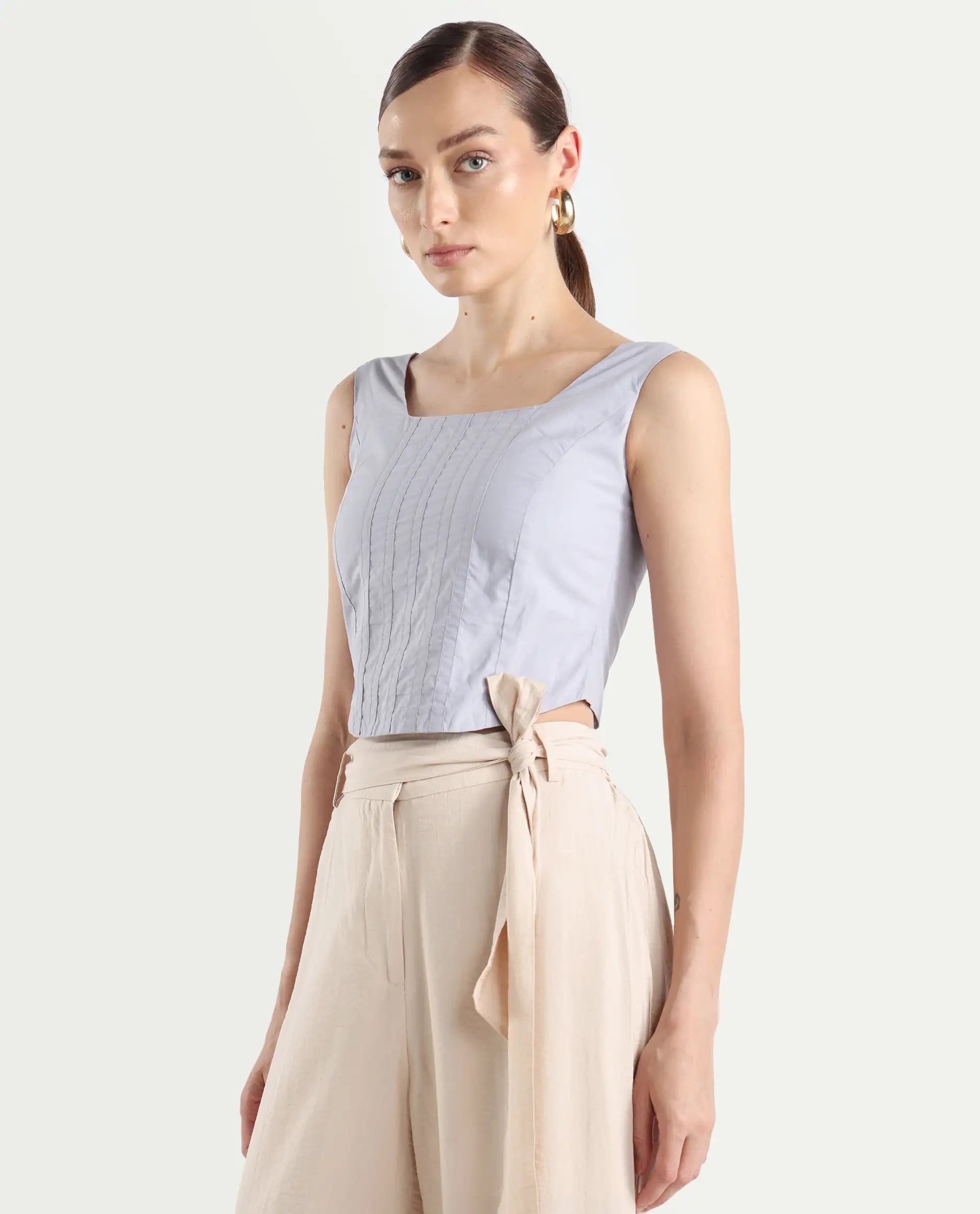 Rareism Women's Dordo Light Blue Cotton Square Neck Dyed Sleeveless Crop Fitted Top