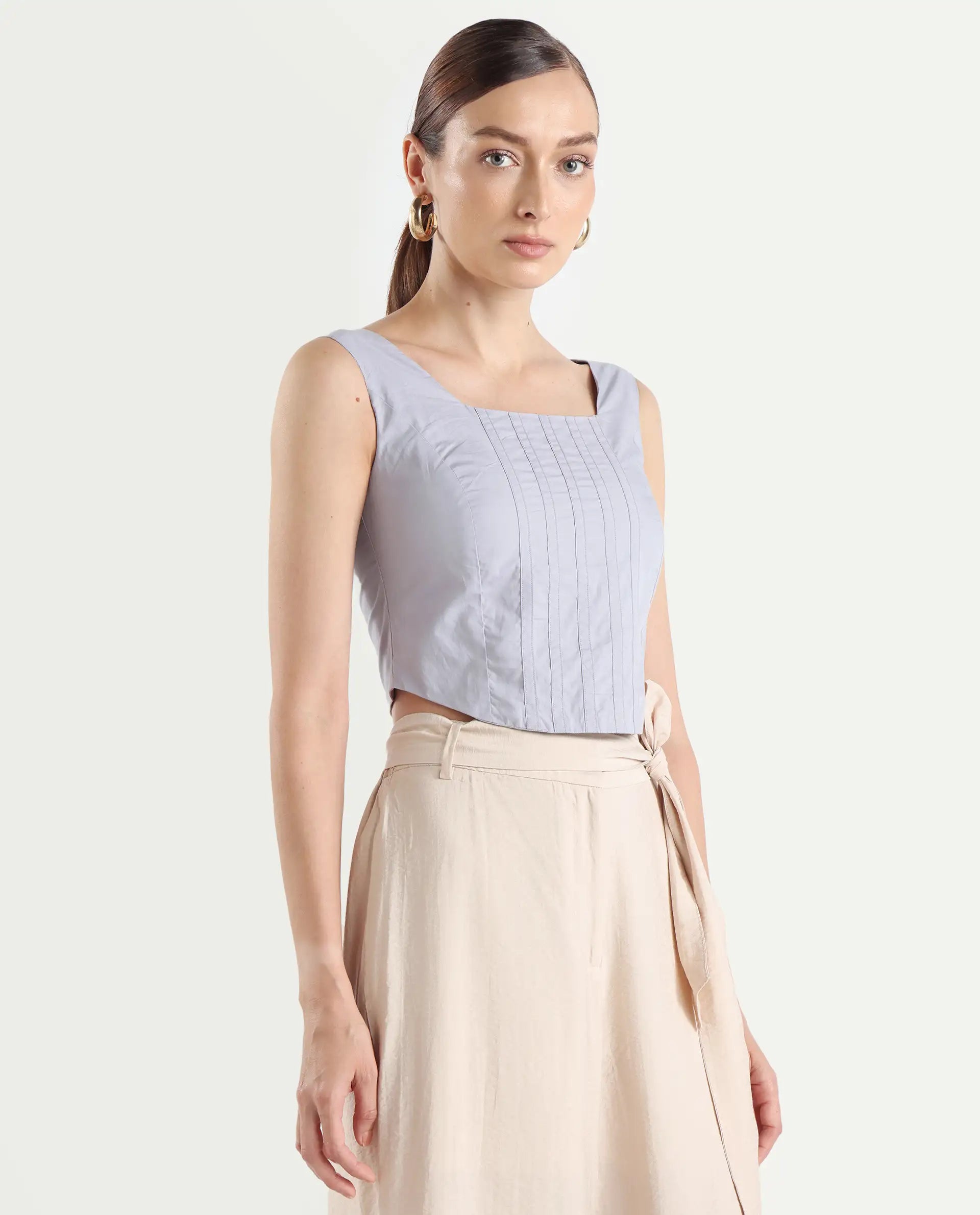 Rareism Women's Dordo Light Blue Cotton Square Neck Dyed Sleeveless Crop Fitted Top