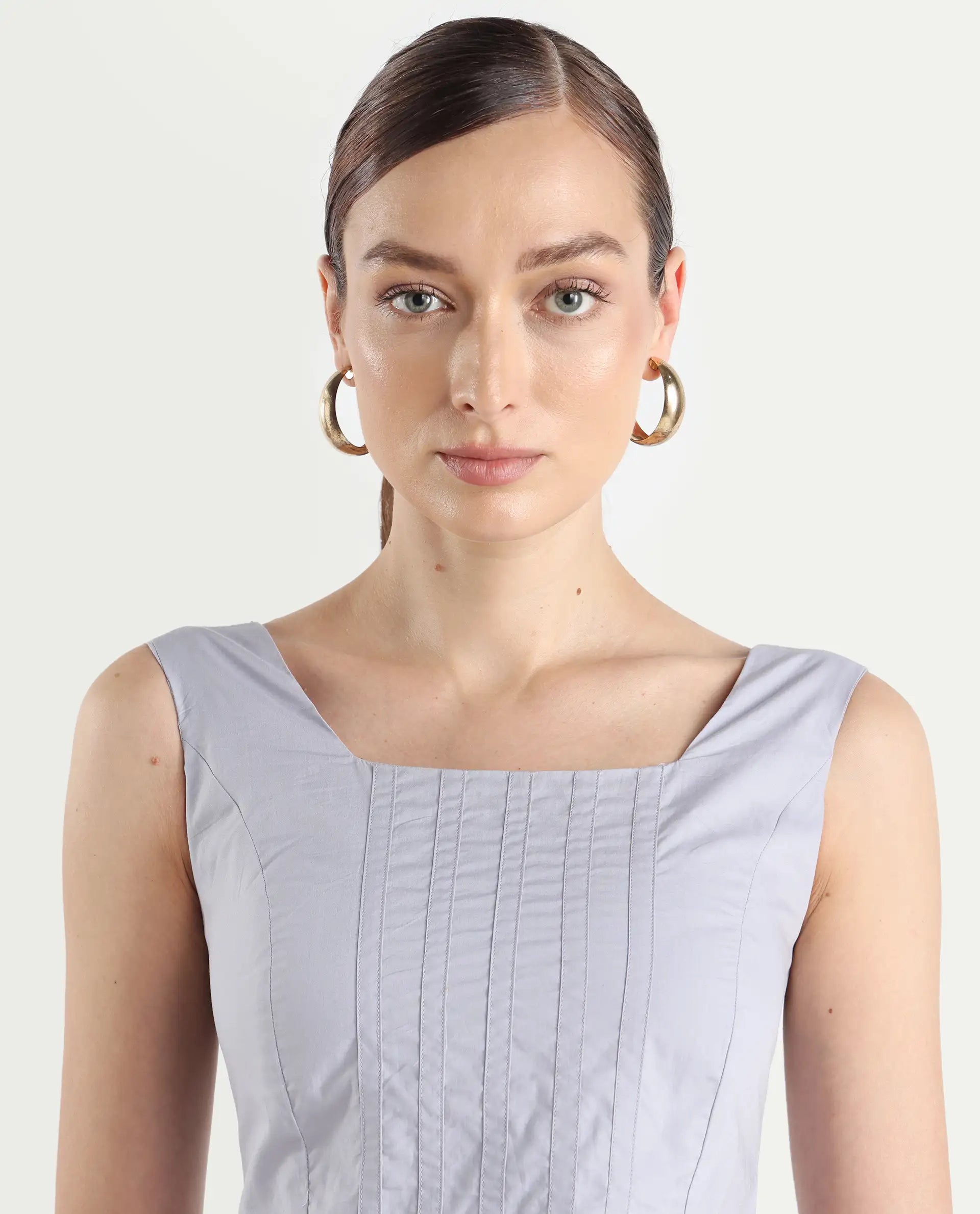 Rareism Women's Dordo Light Blue Cotton Square Neck Dyed Sleeveless Crop Fitted Top