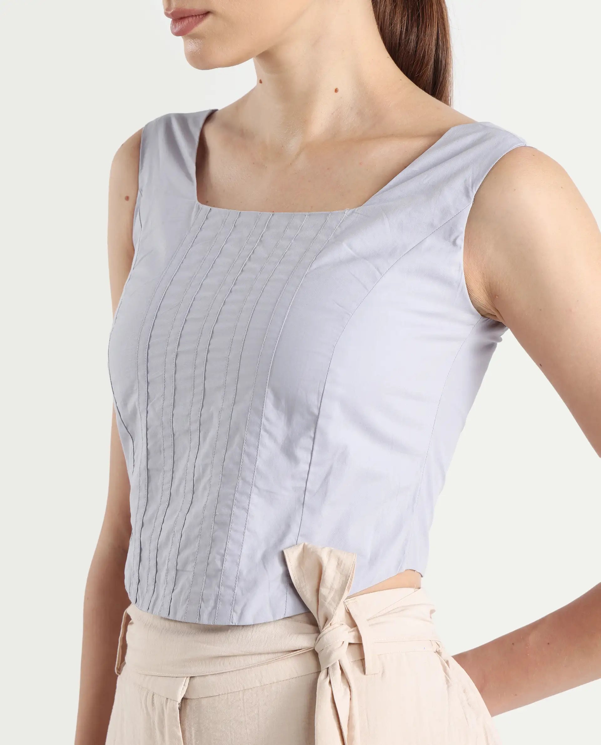 Rareism Women's Dordo Light Blue Cotton Square Neck Dyed Sleeveless Crop Fitted Top