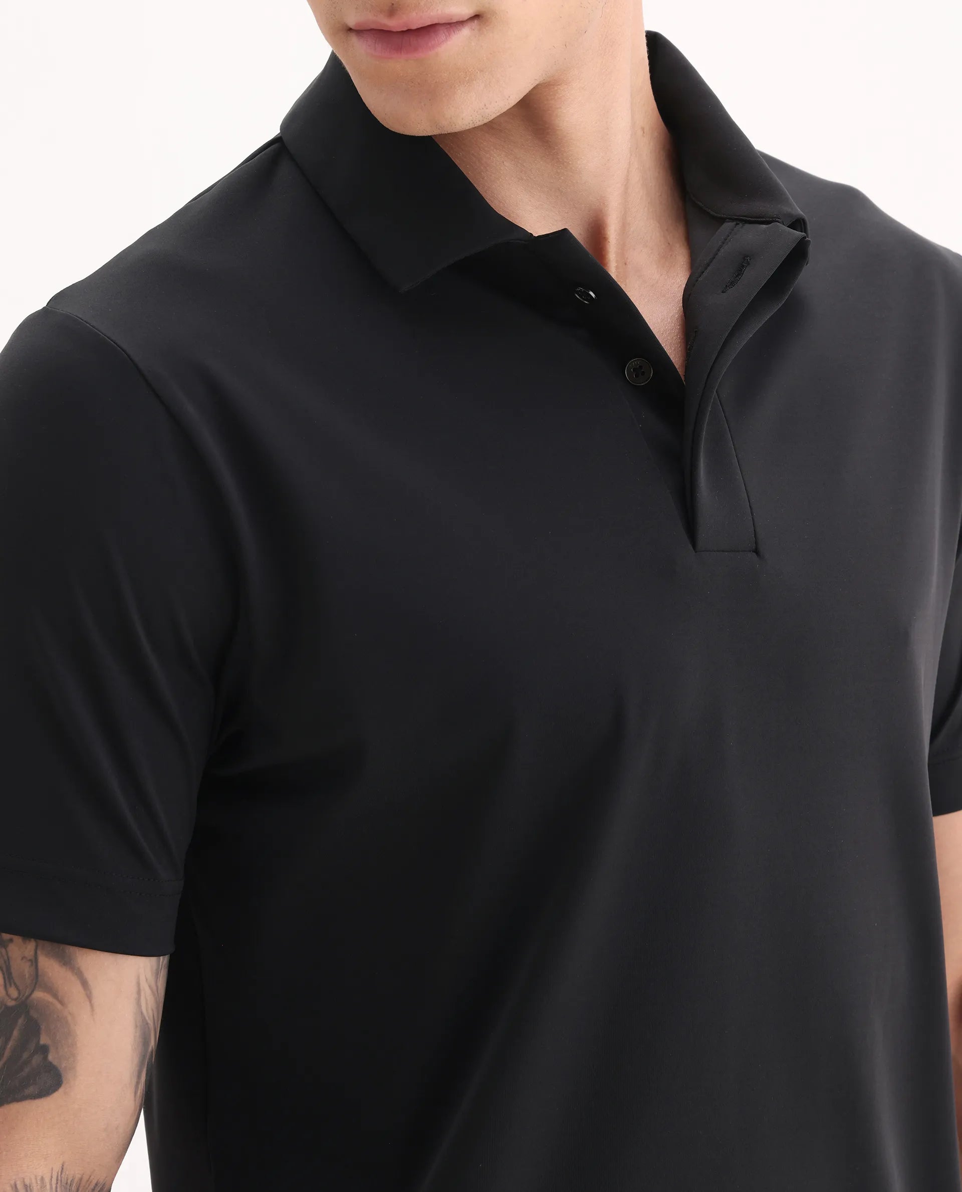 Rare Rabbit Men's Dort Black Nylon Blend Fabric Half Sleeve Spread Collar Plain Polo