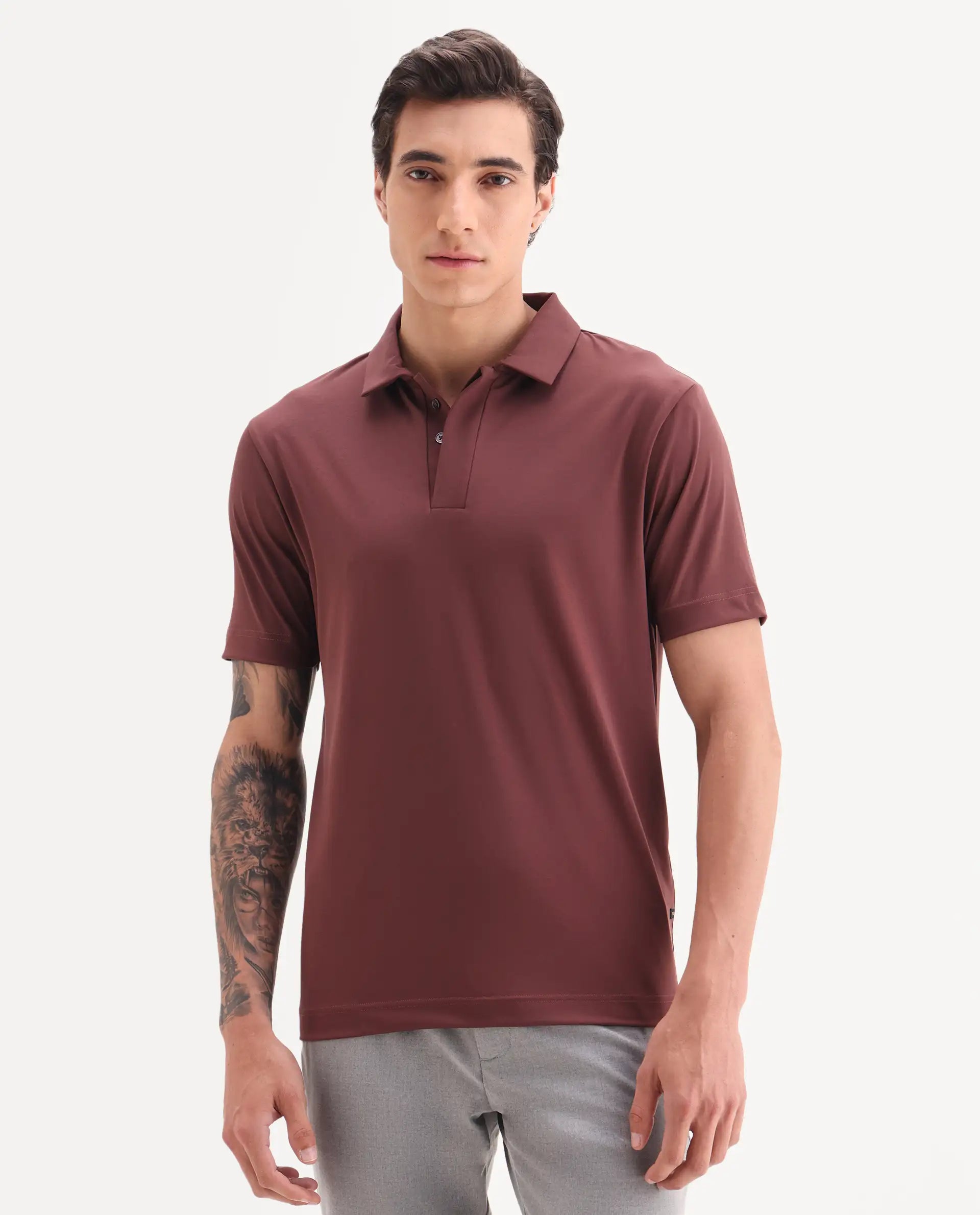 Rare Rabbit Men's Dort Dark Brown Nylon Blend Fabric Half Sleeve Spread Collar Plain Polo