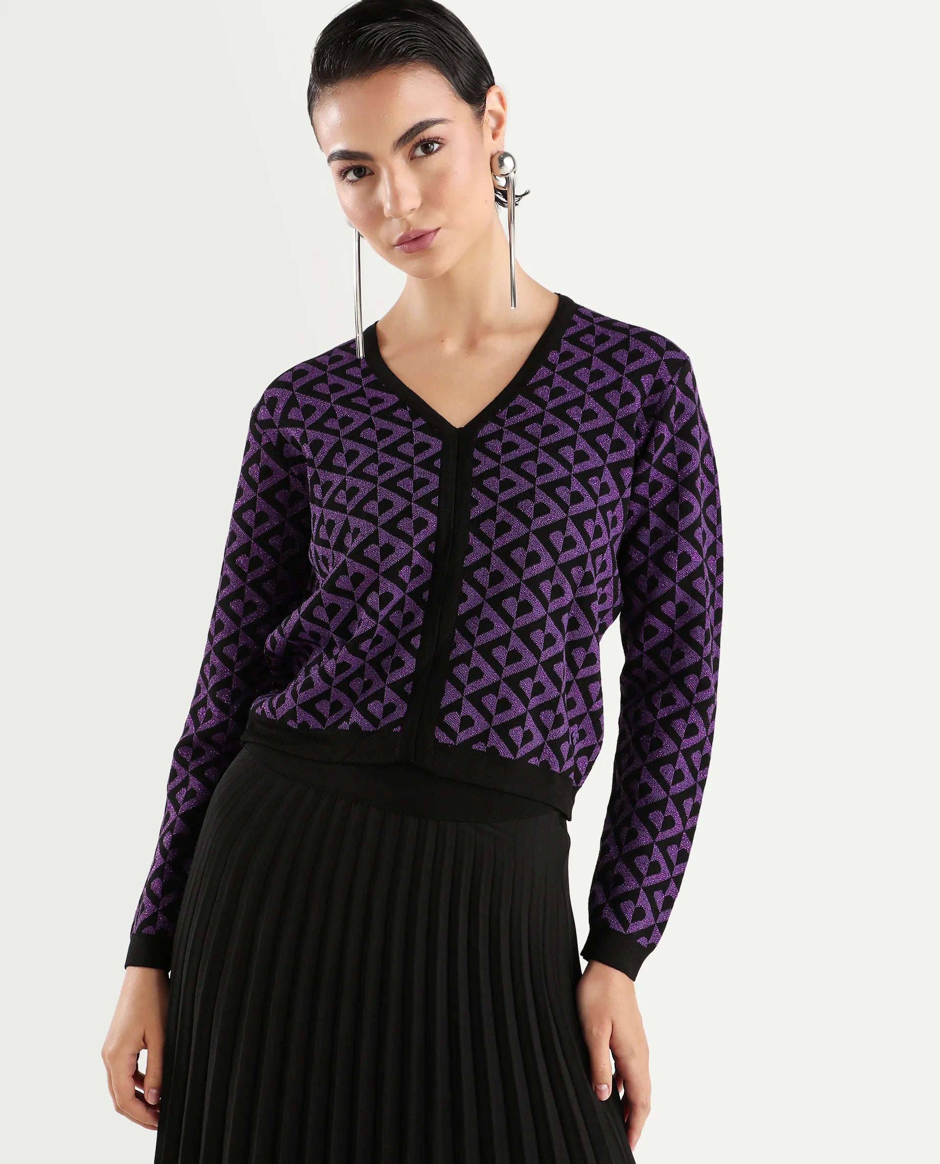 Rareism Women's Dortyol Purple Cotton V-Neck Geometric Print Regular Fit Sweater