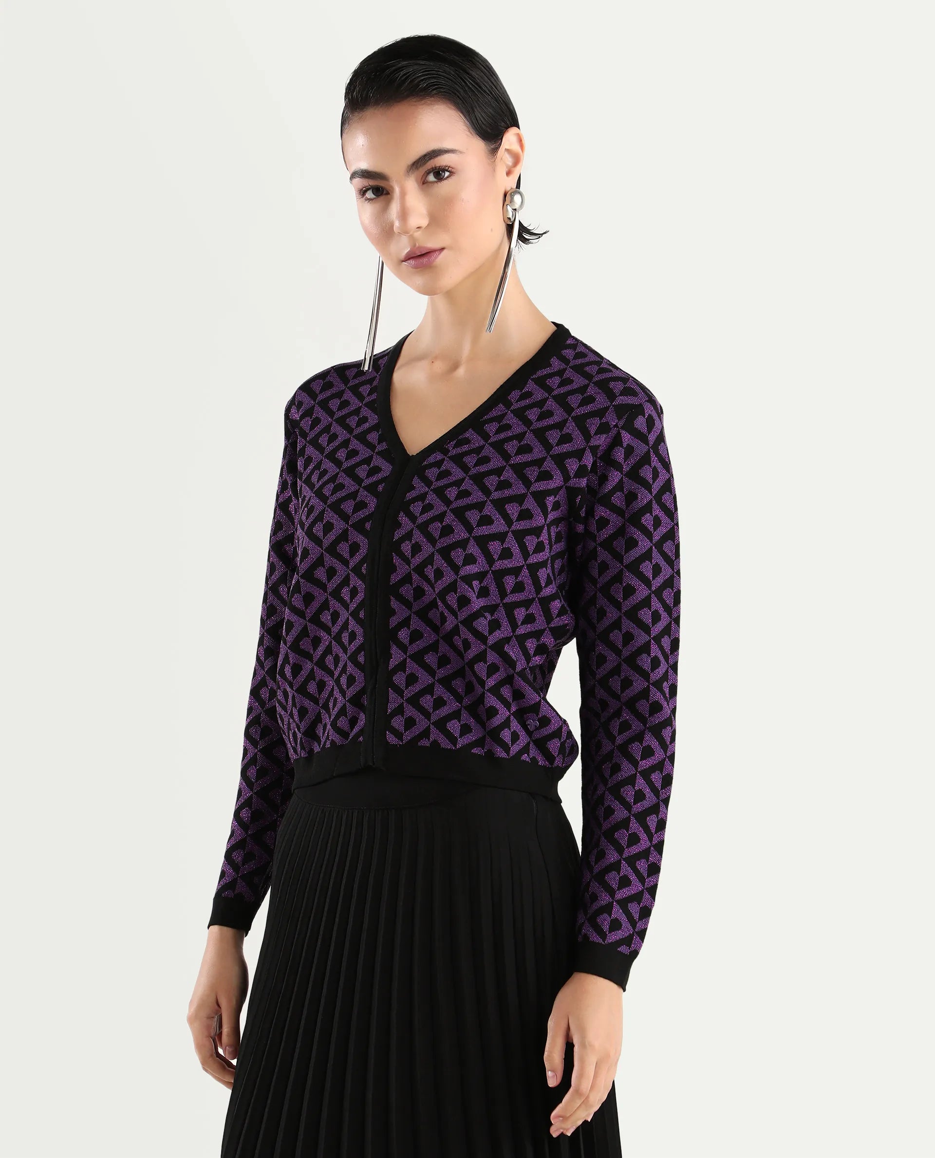 Rareism Women's Dortyol Purple Cotton V-Neck Geometric Print Regular Fit Sweater