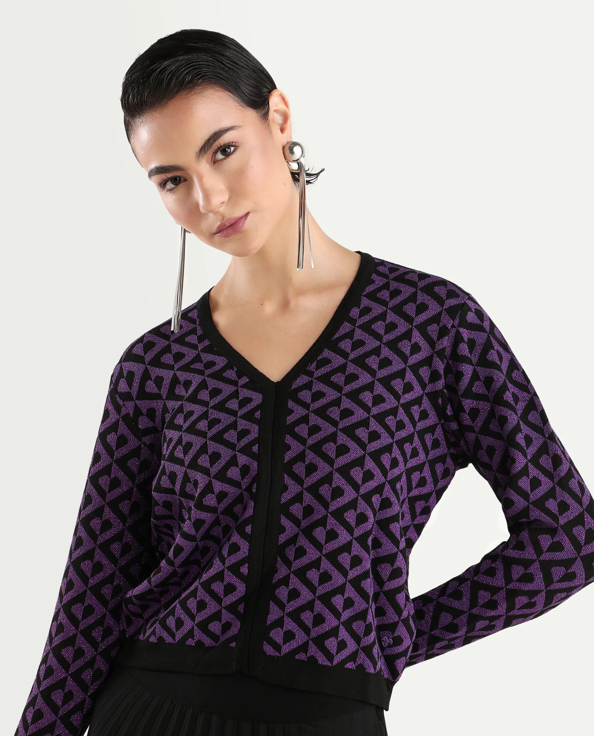 Rareism Women's Dortyol Purple Cotton V-Neck Geometric Print Regular Fit Sweater
