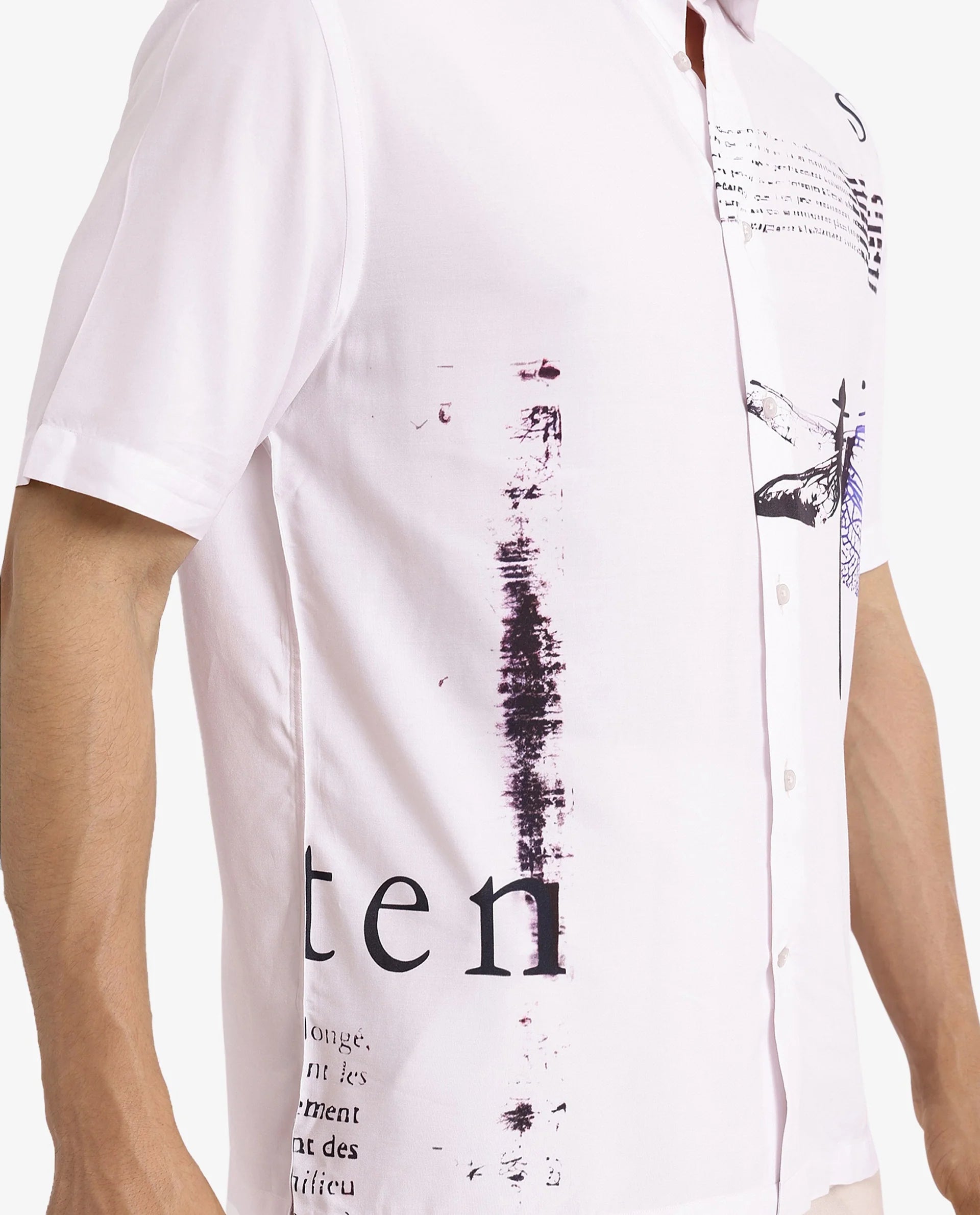 Rare Rabbit Men's Drago White Short Sleeve Boxy Fit Placement Printed Shirt