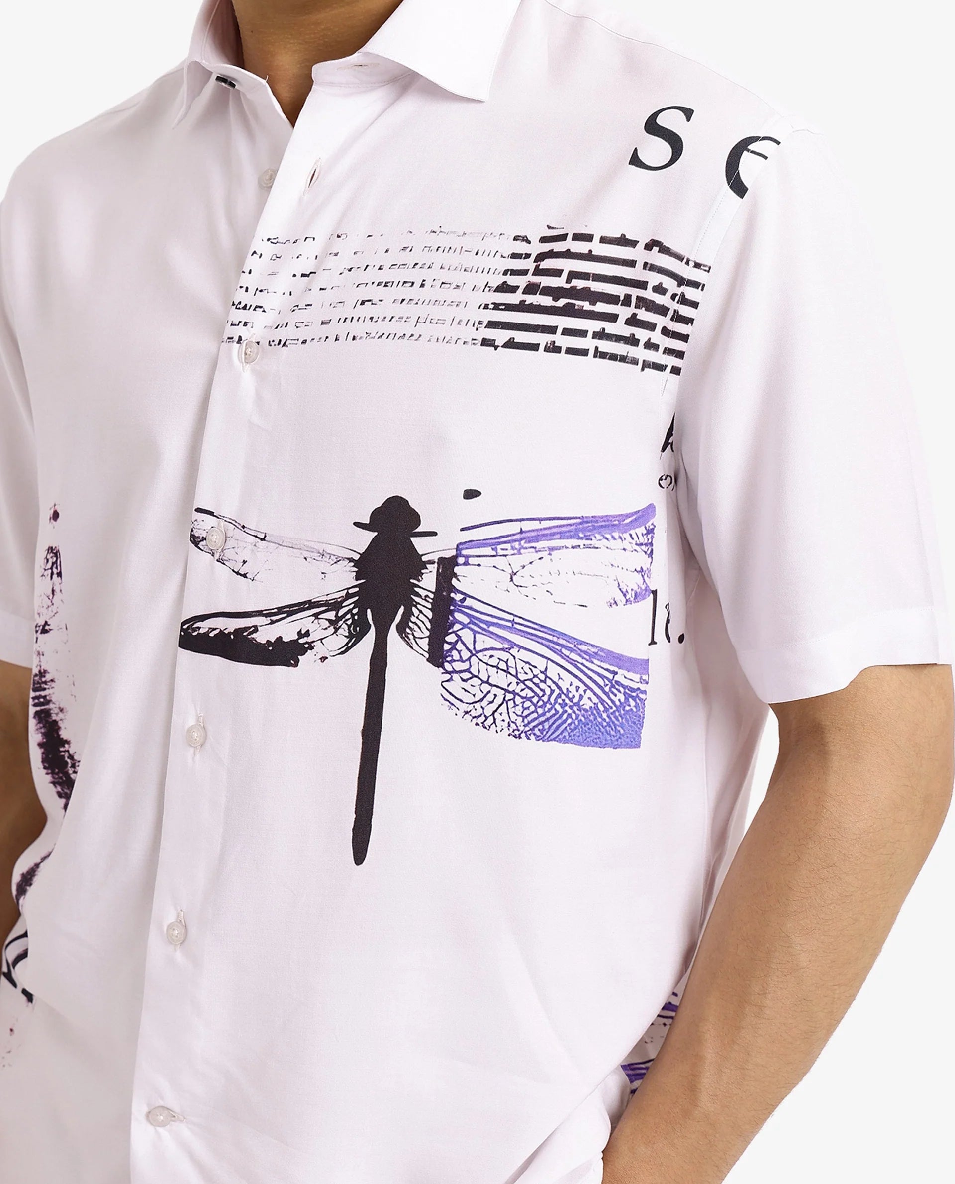 Rare Rabbit Men's Drago White Short Sleeve Boxy Fit Placement Printed Shirt