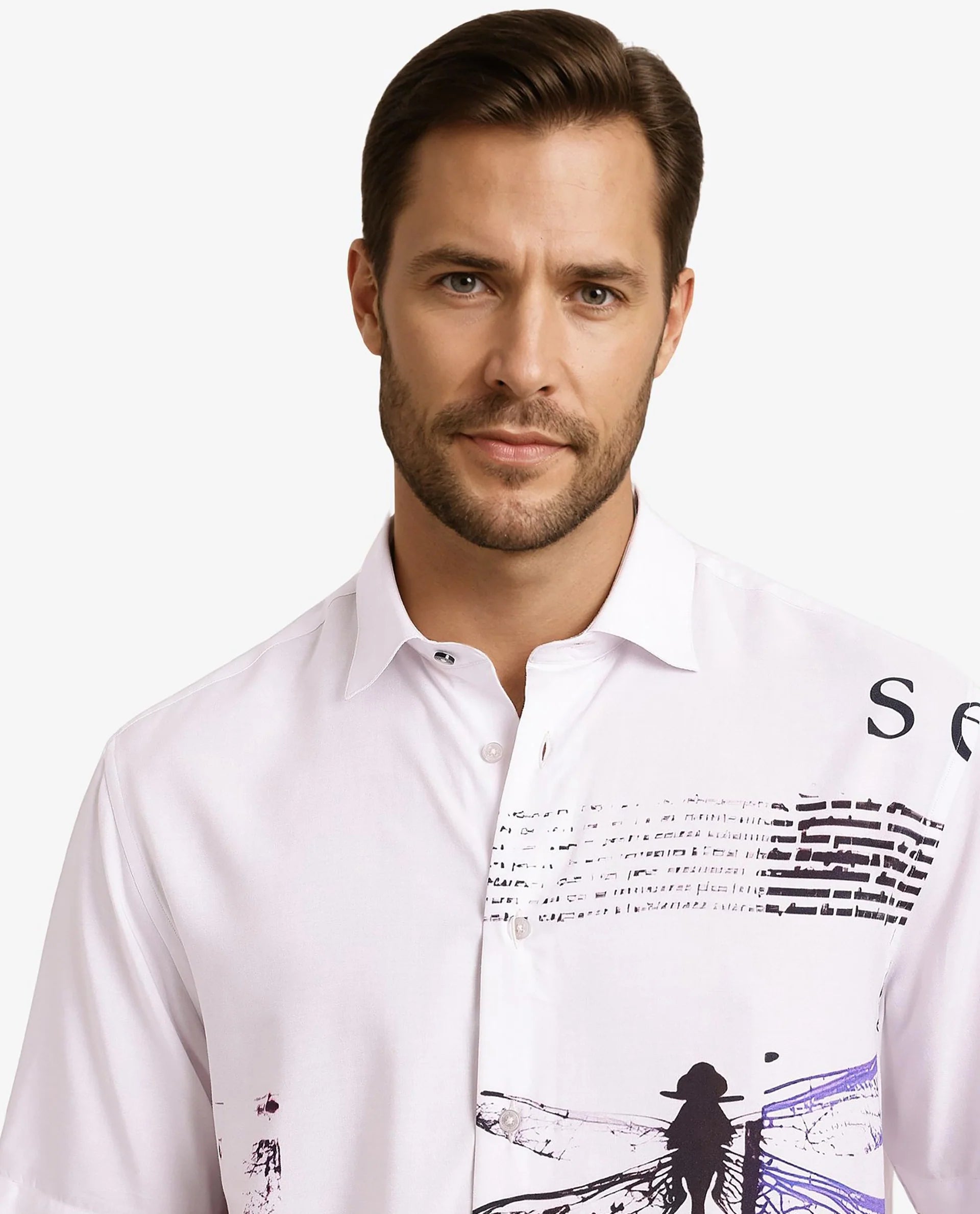 Rare Rabbit Men's Drago White Short Sleeve Boxy Fit Placement Printed Shirt