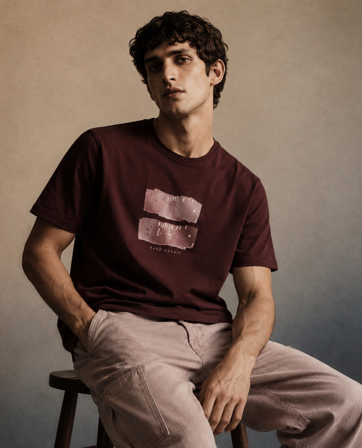 Rare Rabbit Men's Draker Dark Red Cotton Blend Crew Neck Regular Graphic Print T-Shirt