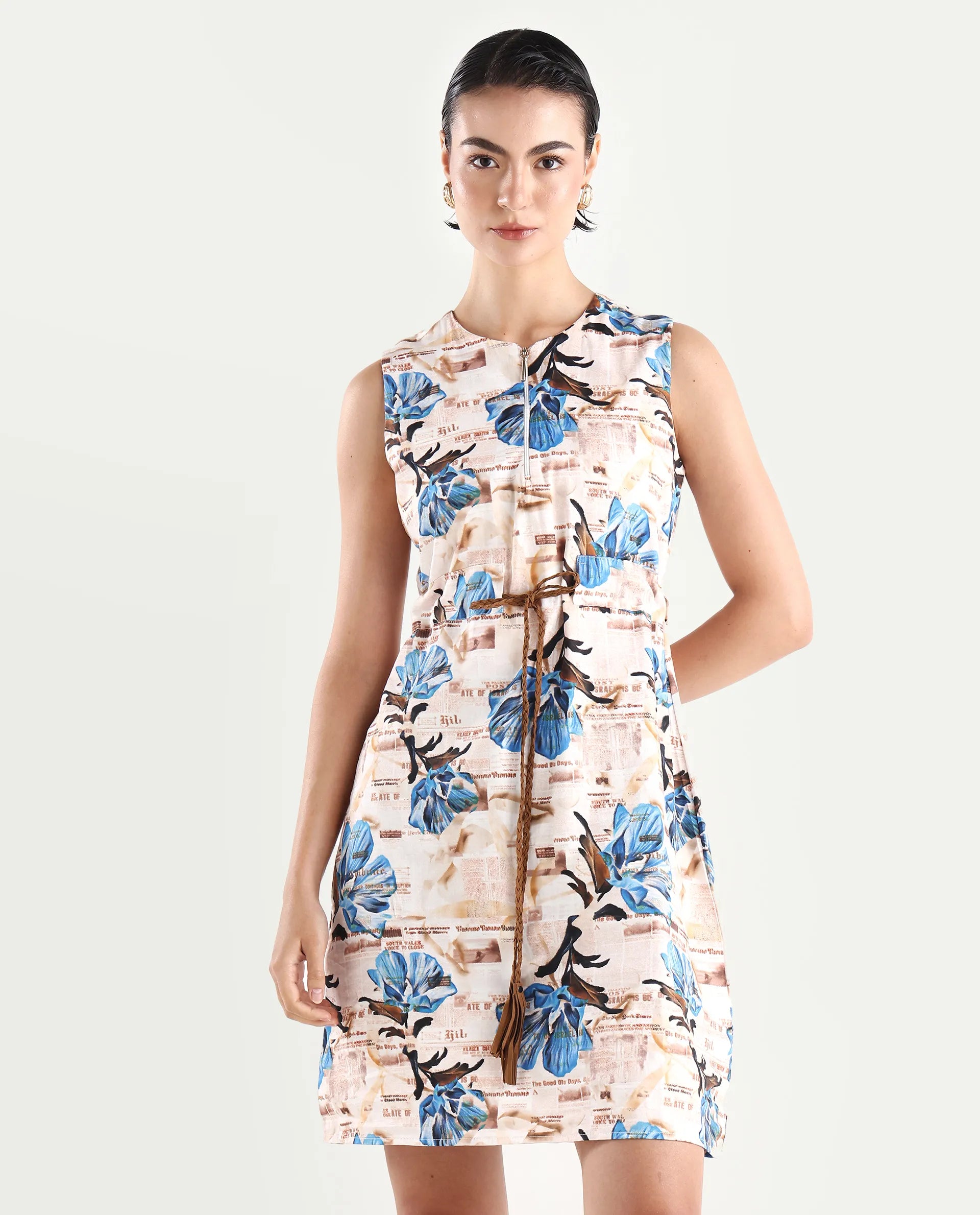 Rareism Women's Dreco Beige Cotton Blend Crew Neck Abstract Print Sleeveless Midi A-Line Dress